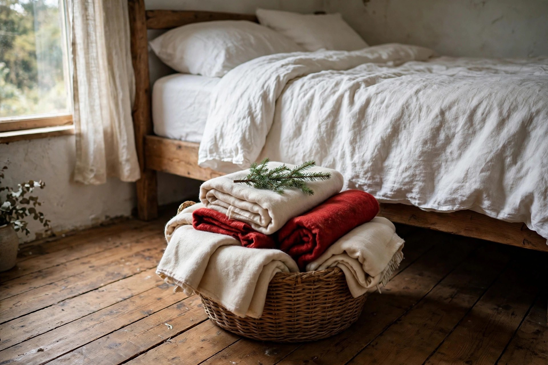 Woven basket of folded extra blankets at the foot of a guest bed for Christmas