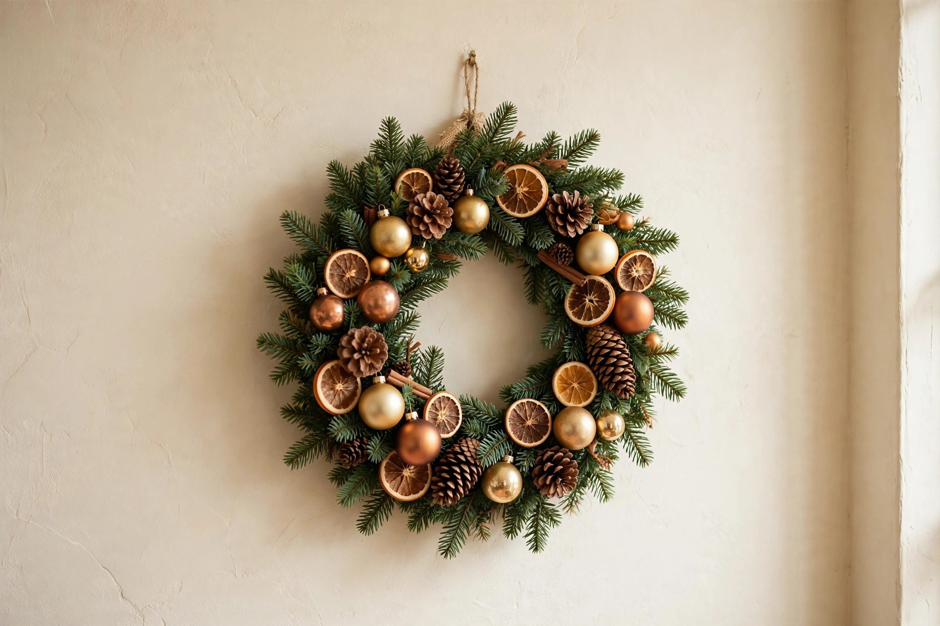 Christmas wreath decorated with gold and copper ornaments and dried orange slices, no red berries