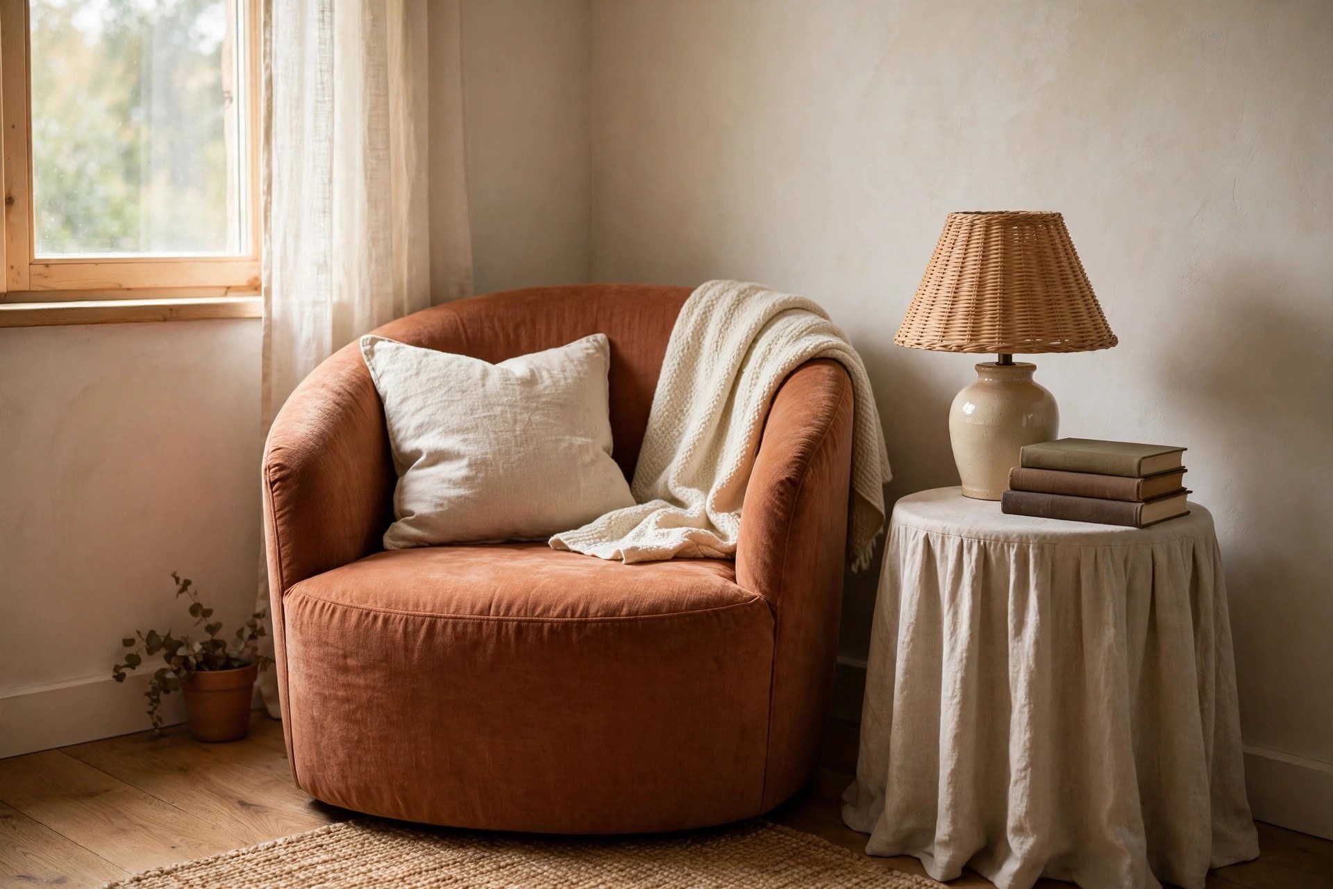 Terracotta tub chair angled into a corner with a skirted side table, a snug reading chair for a small space