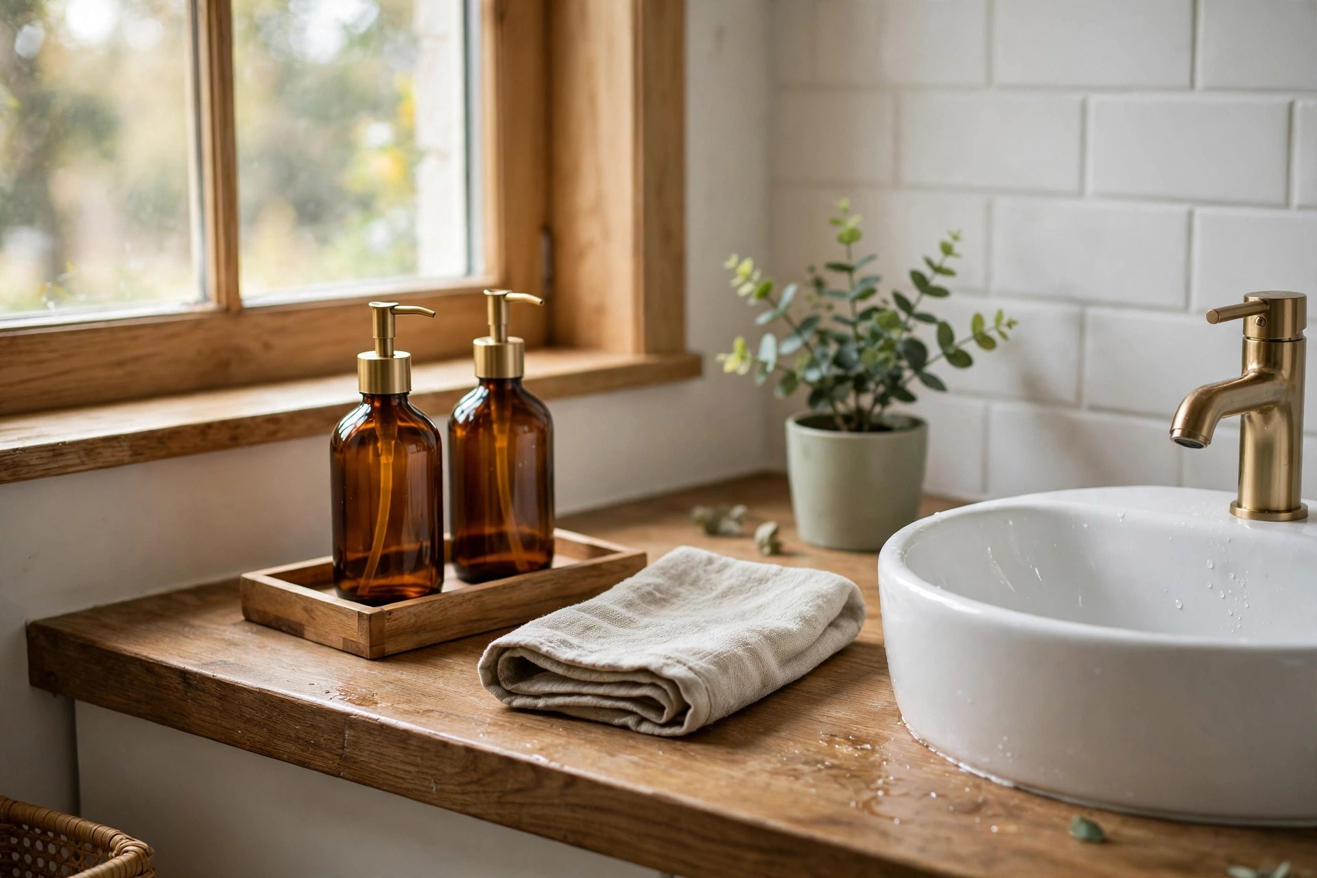 Bathroom counter corralled with a wooden tray and matching amber dispenser bottles in a low-cost makeover