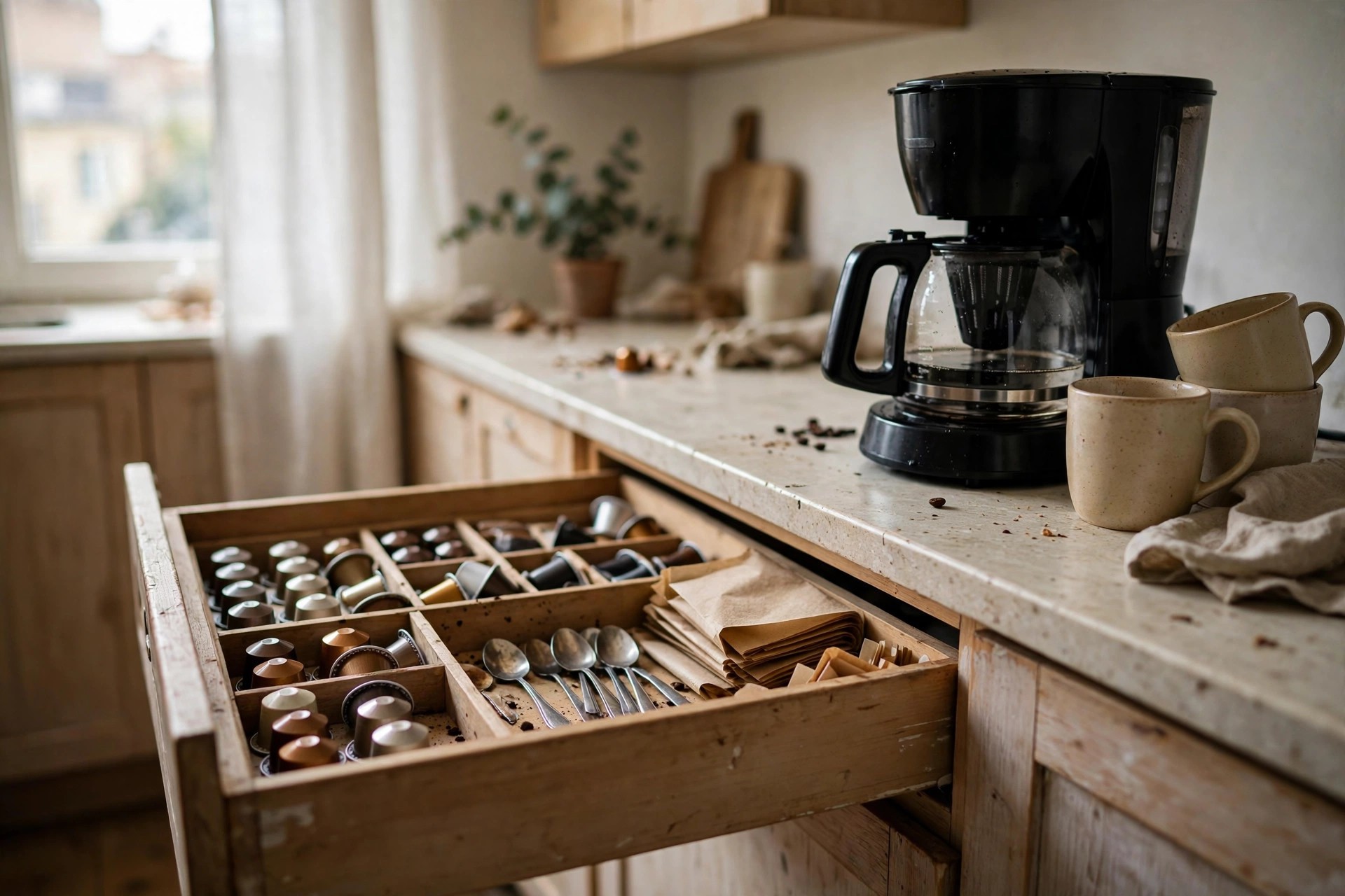 Open kitchen drawer organised with coffee pods, filters and spoons beneath a countertop coffee maker
