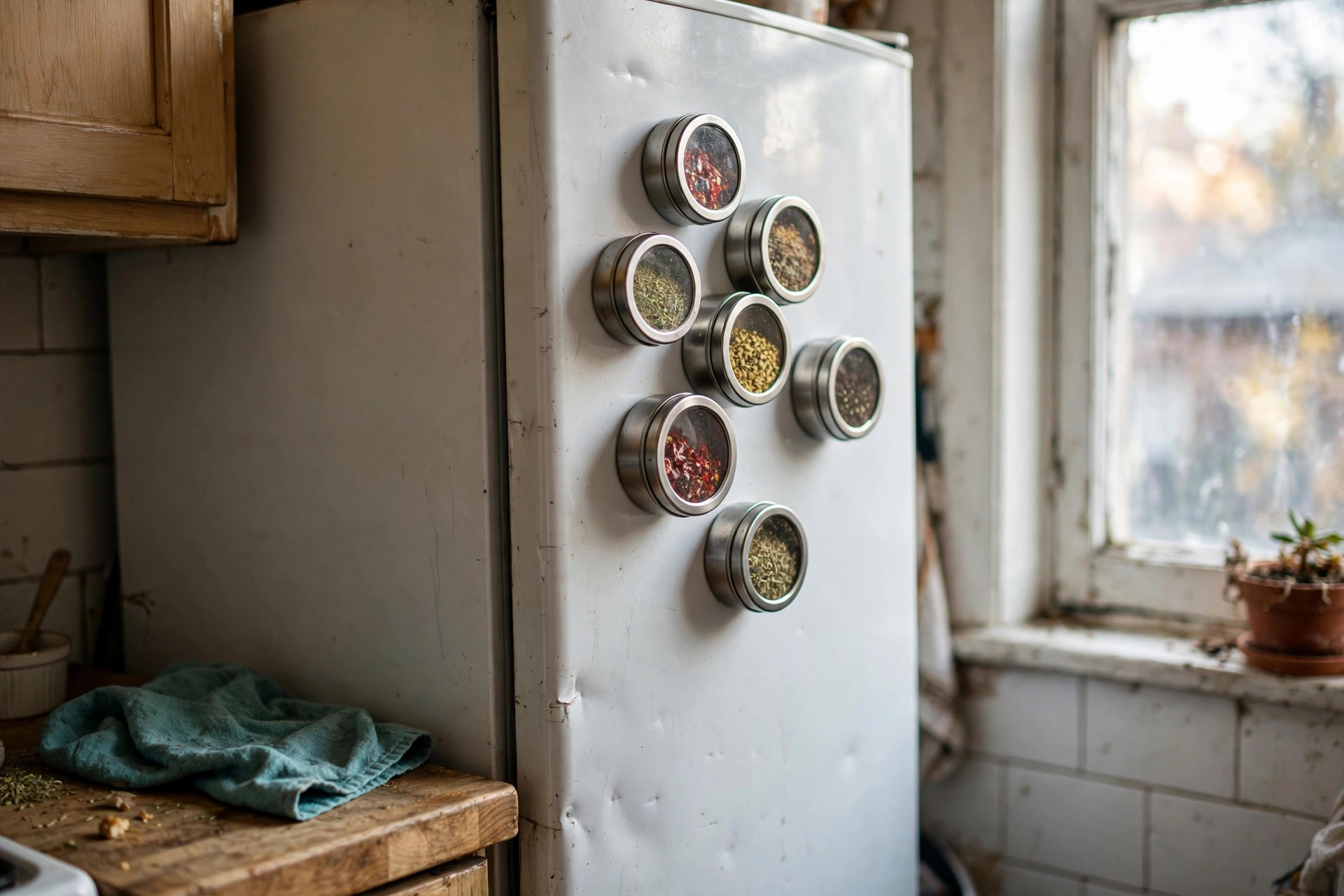 Magnetic spice tins on a metal board on a kitchen wall in a small apartment