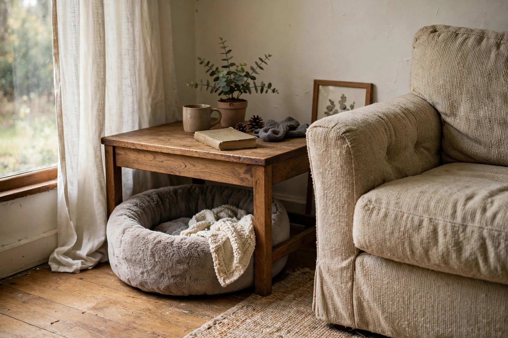 Cosy cat corner with a round cat bed tucked under a living room side table beside an armchair