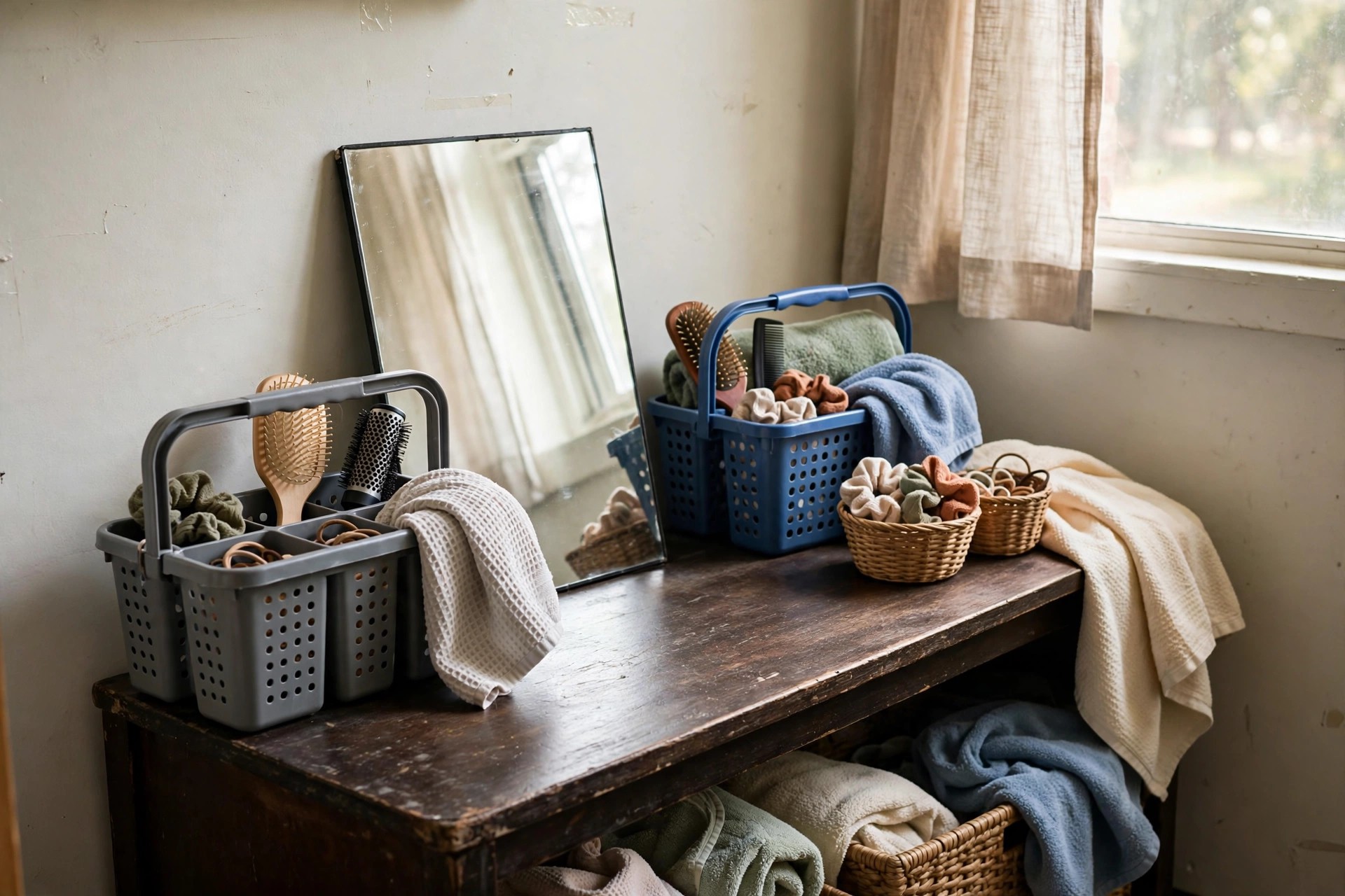 Dorm get-ready station with a mirror on a dresser, two shower caddies, hairbrushes, towels and small baskets