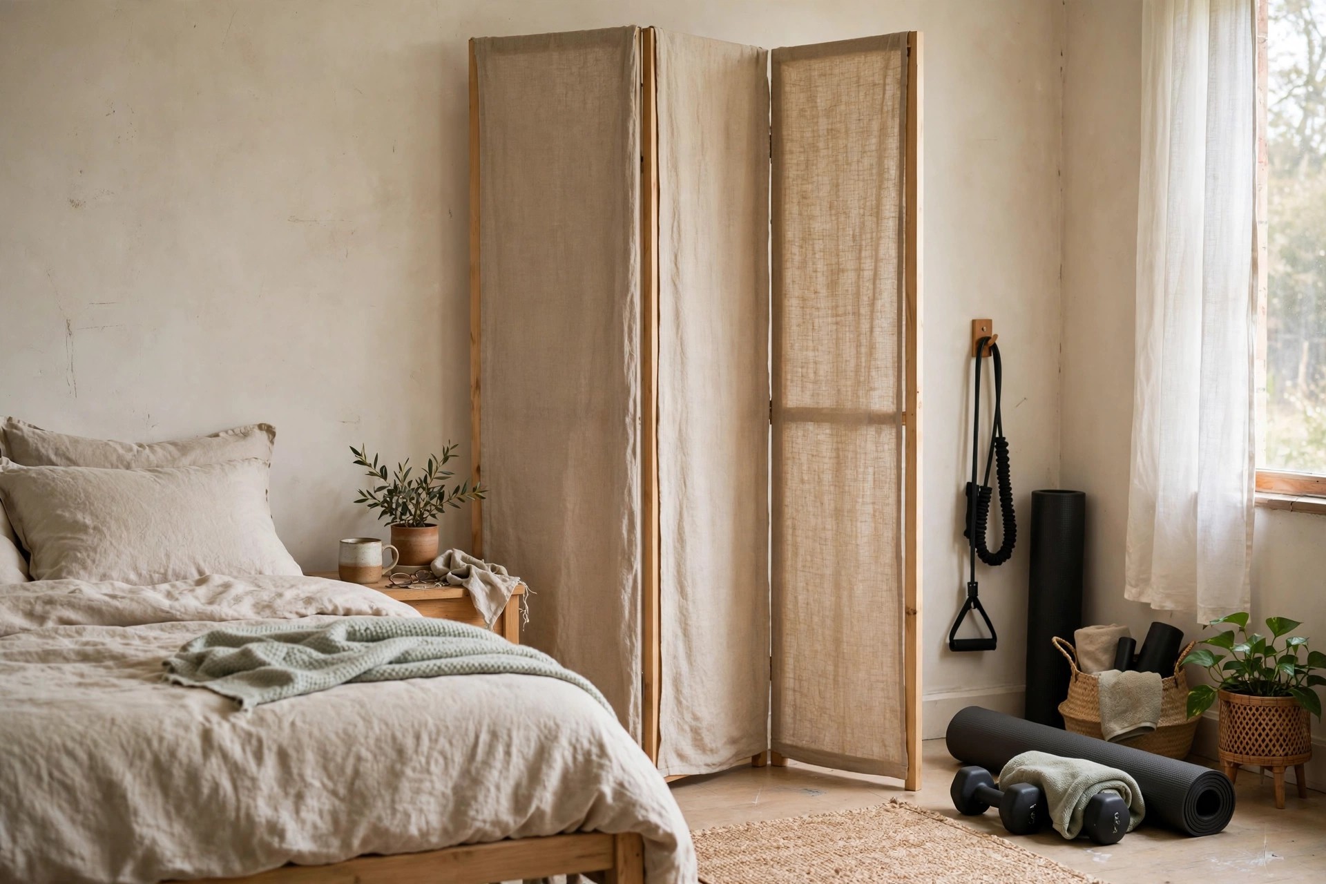 Soft linen folding screen separating a calm bed area from a tidy workout corner in a studio bedroom