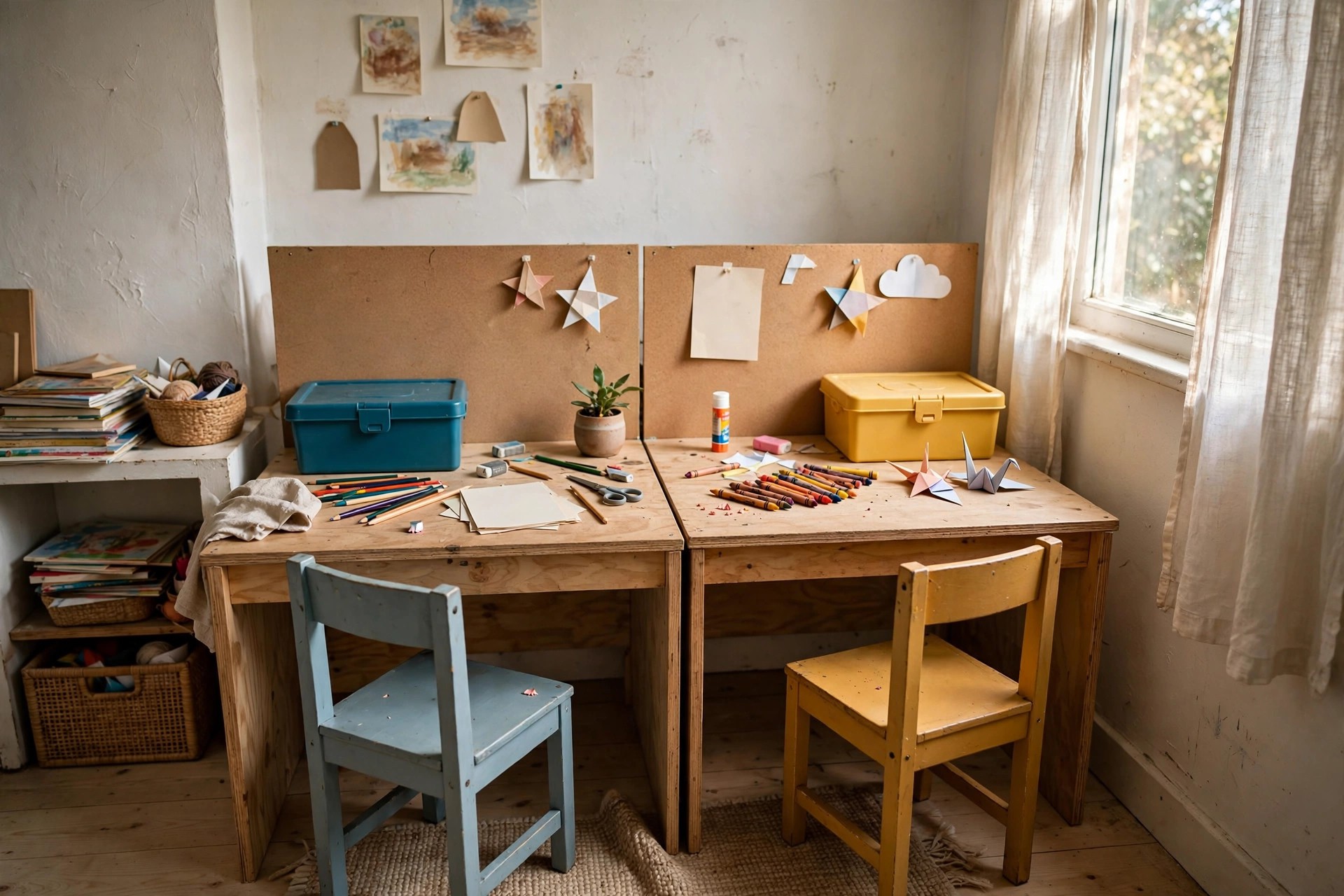 Shared homeschool corner for two children with divided desk space and separate storage boxes