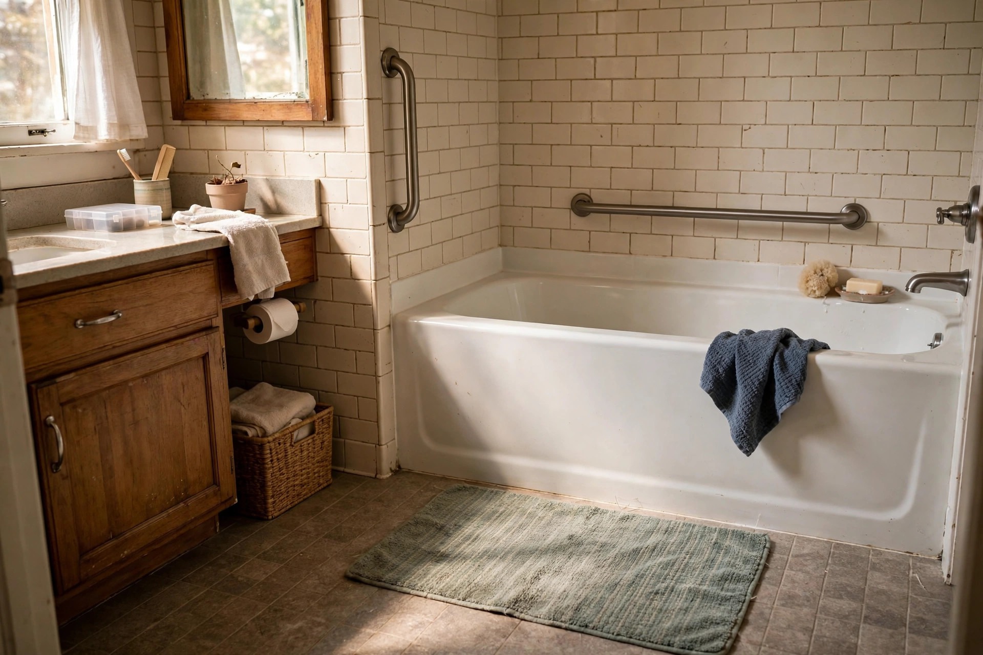 Single secured low-pile bath mat lying flat on the floor of a safe bathroom for elderly parents