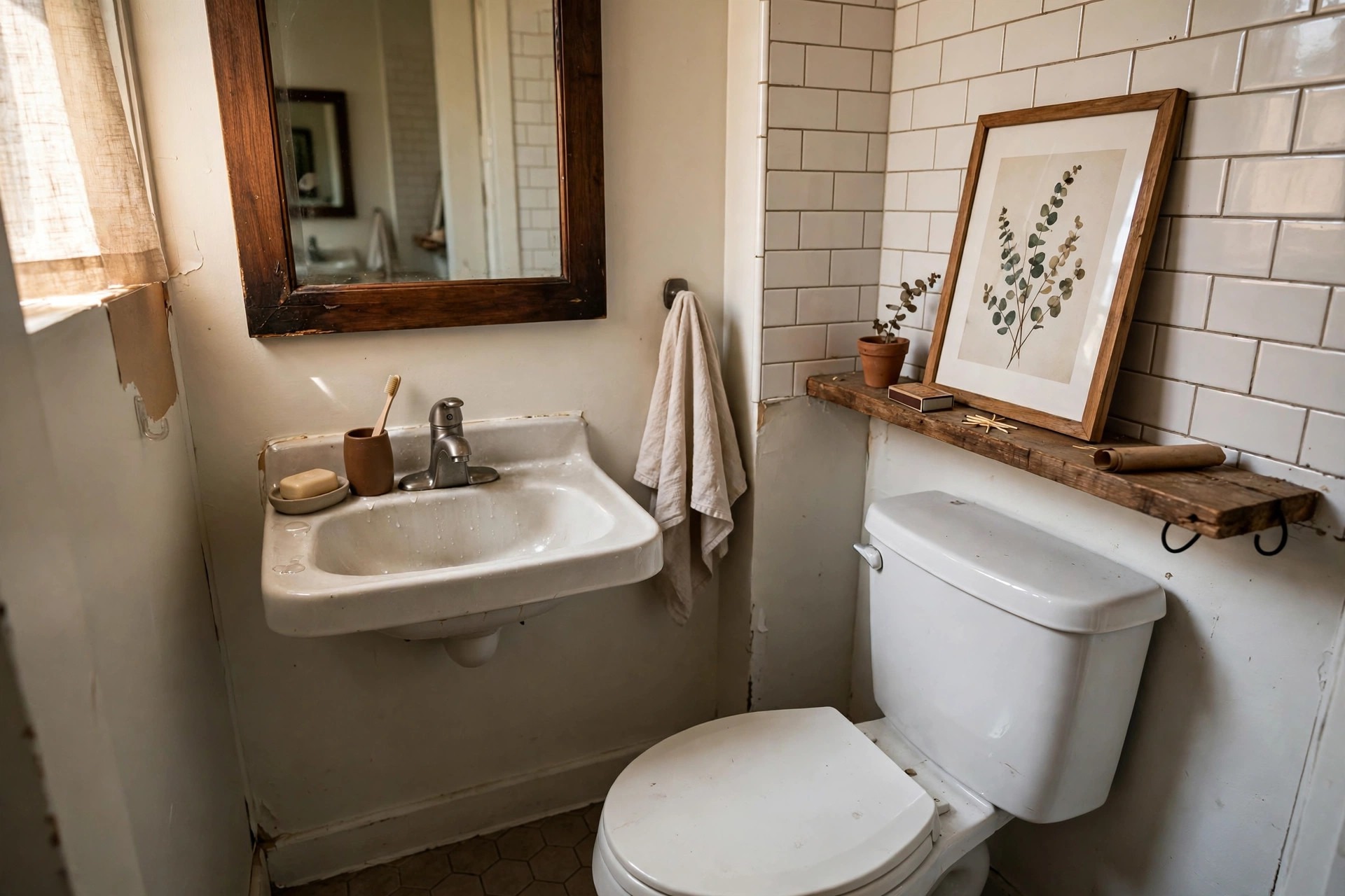 Leaning framed botanical print and dark wood mirror frame in a renter friendly bathroom idea with no drilling