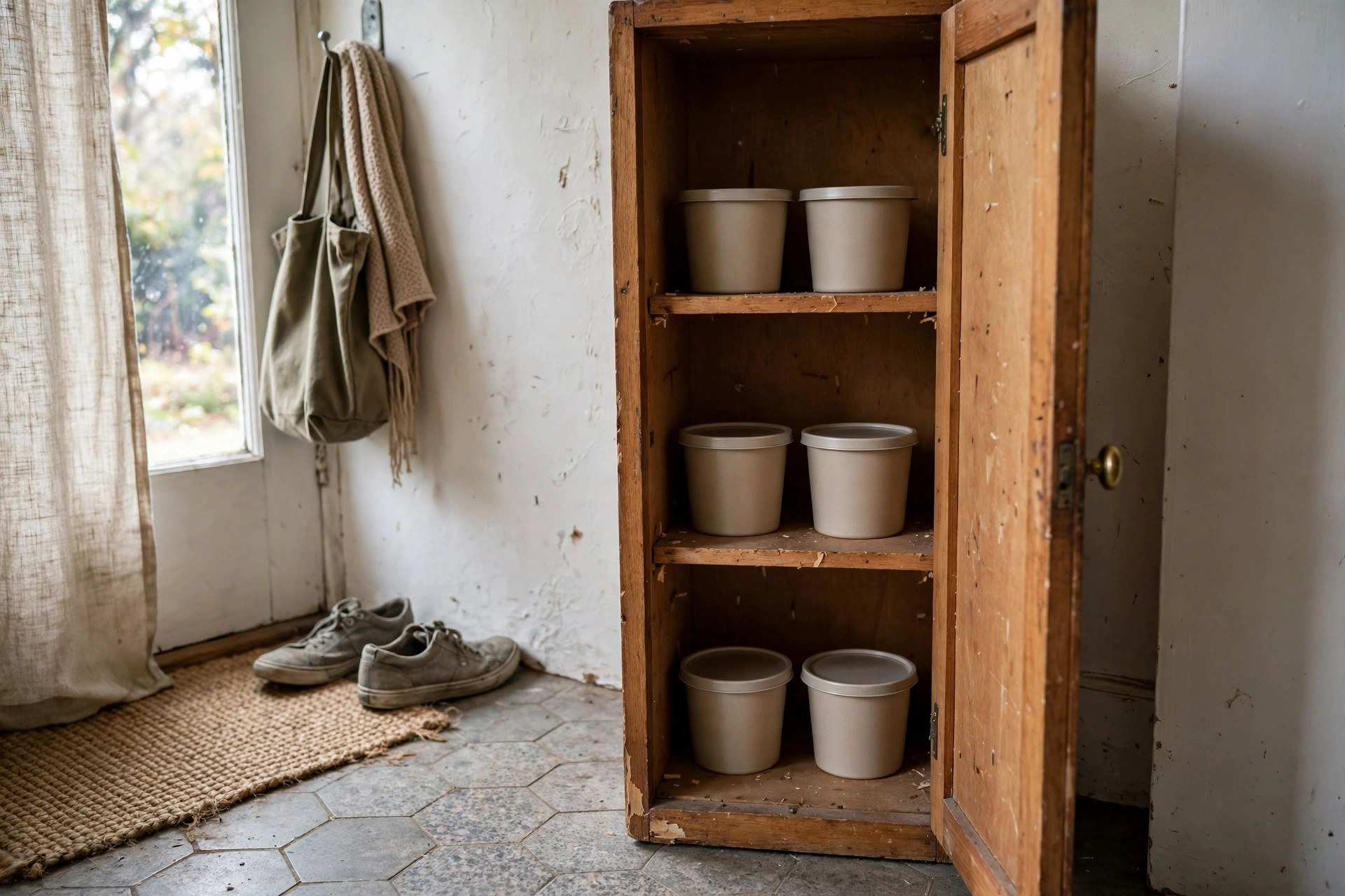 Closed cabinet storing dog food neatly in a small entryway idea for dog owners