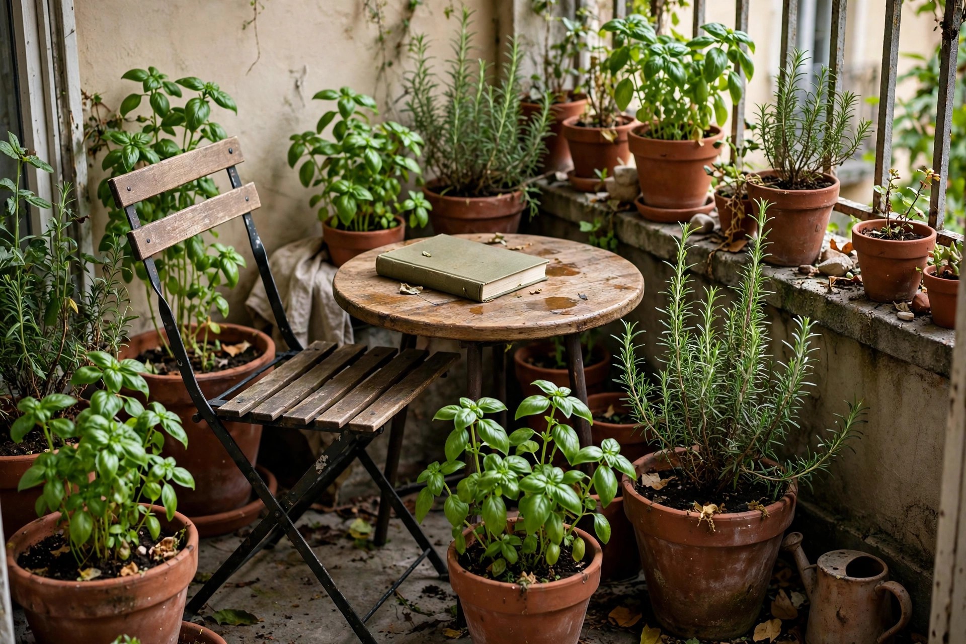 A small bistro chair and table set among herb pots in a cosy apartment balcony herb garden