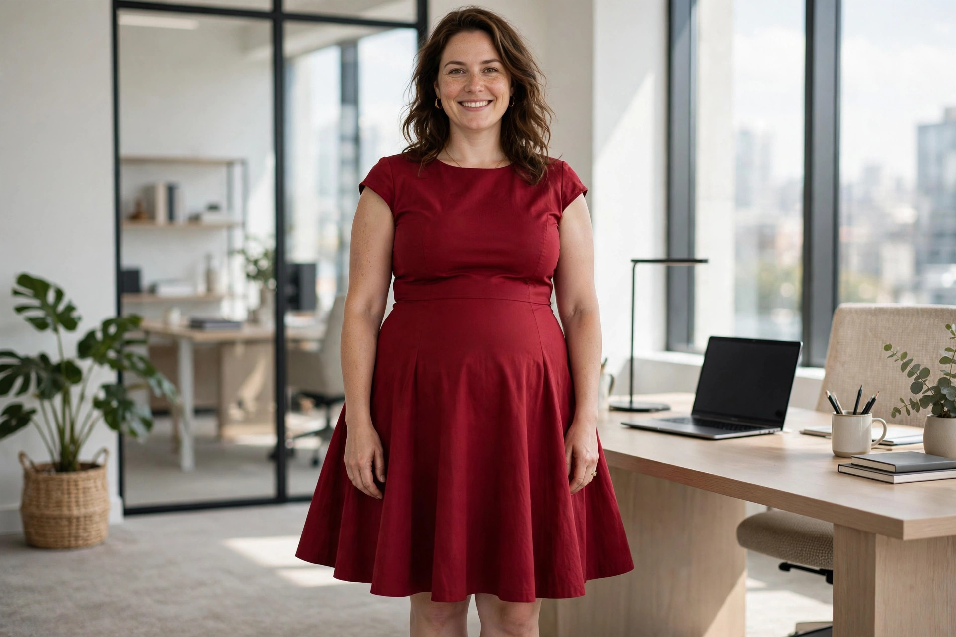 Apple shaped woman wearing a deep red fit-and-flare dress with a flared knee-length skirt