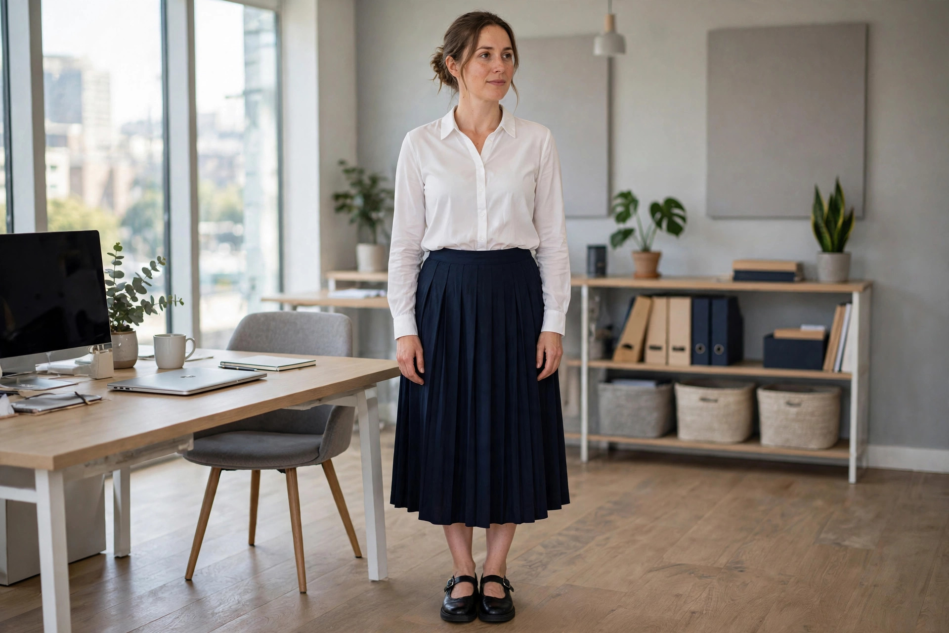 Woman in a white button-front blouse and navy pleated midi skirt with Mary Jane shoes in an office