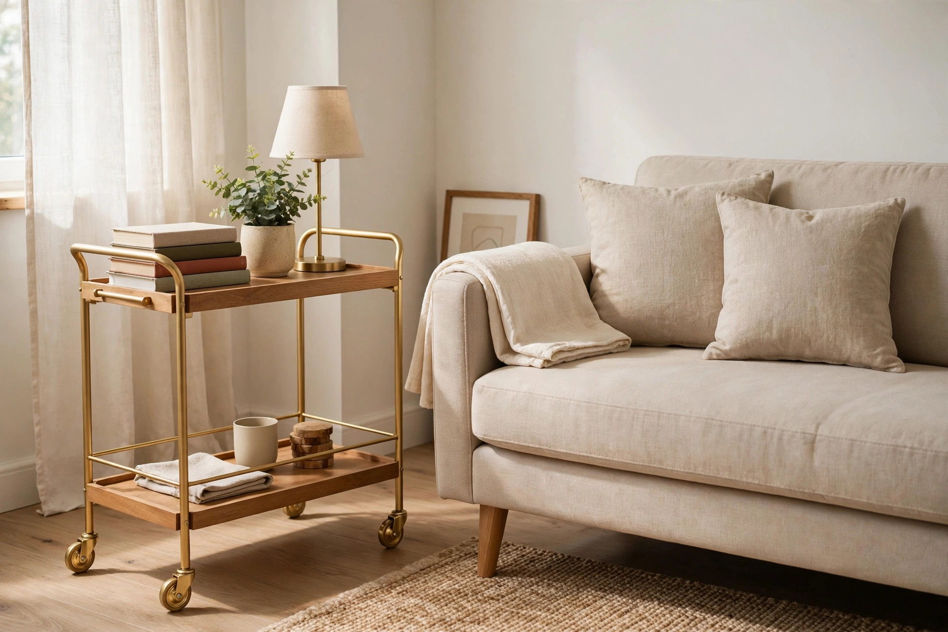 Brass and wood rolling cart used as a side table with books, a lamp and a plant next to a beige sofa