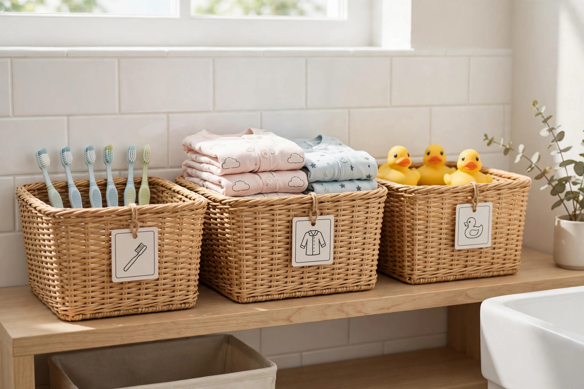 Wicker baskets with picture labels for toothbrushes, pyjamas and bath ducks, a kids bathroom idea for toddlers