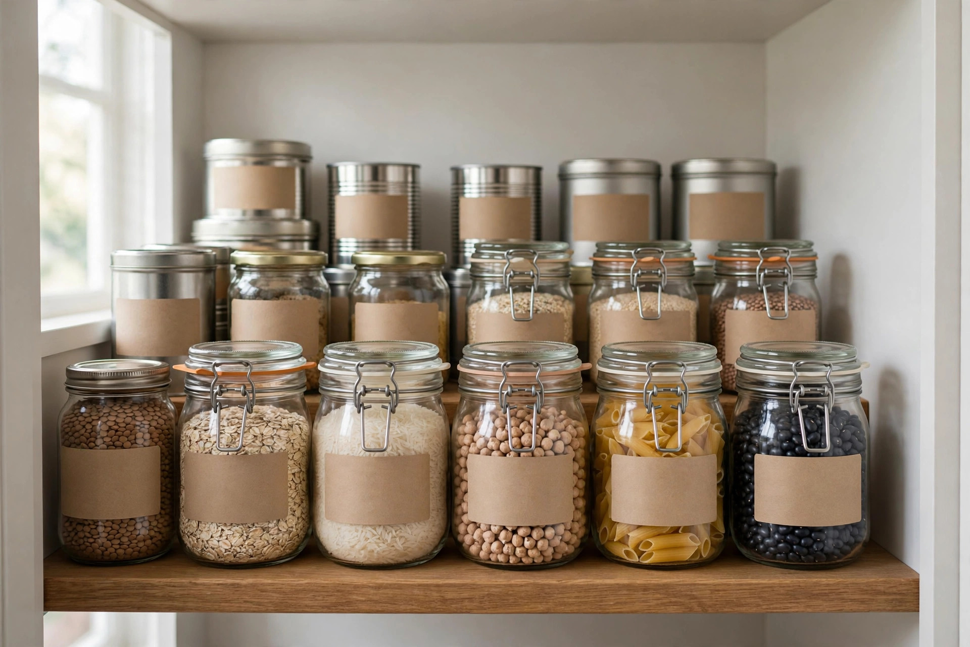 Neat rows of labelled jars and tins arranged in rotation order on a pantry shelf