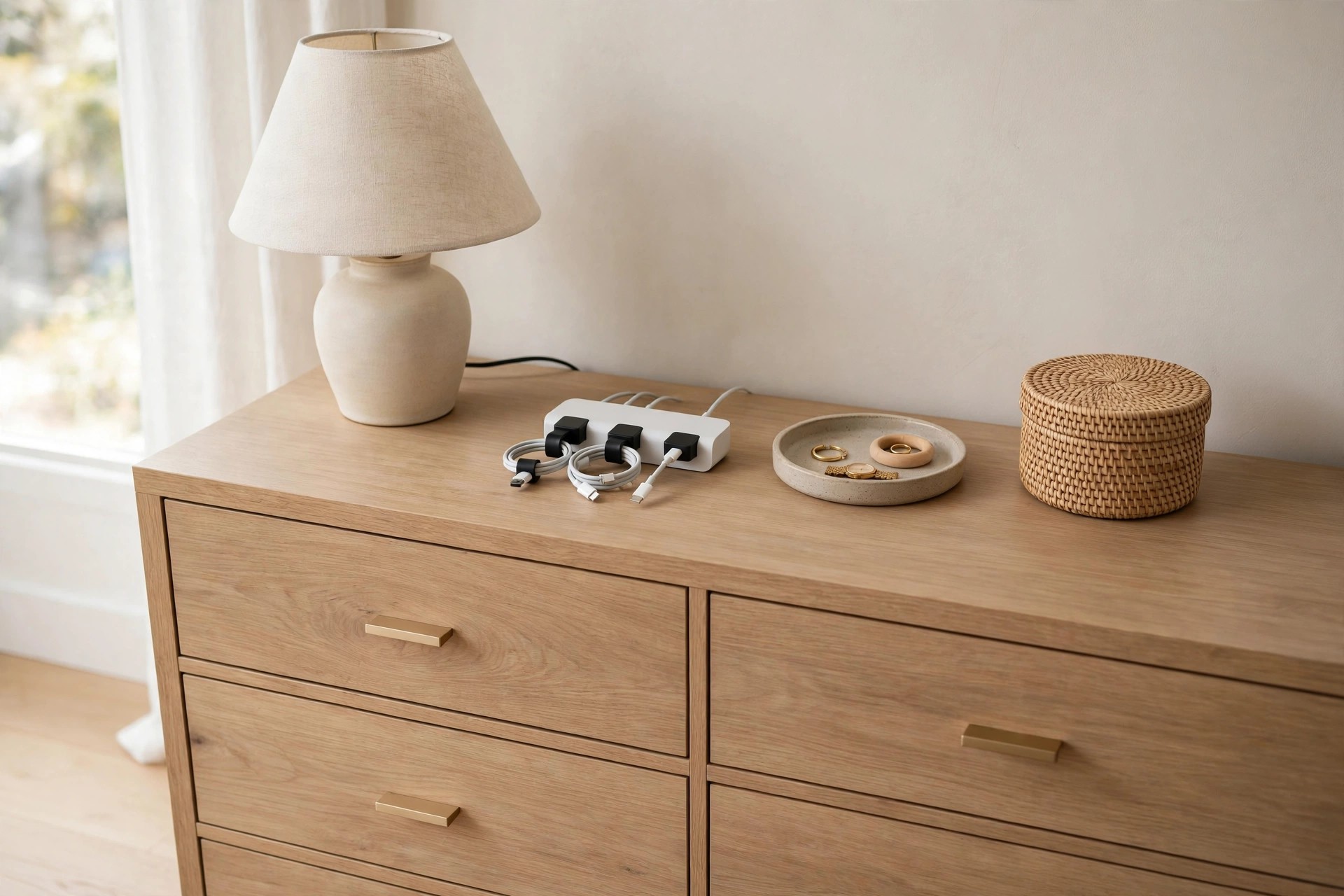 Tidy dresser top with a neat charging station, short clipped cables, a small tray and a lidded basket
