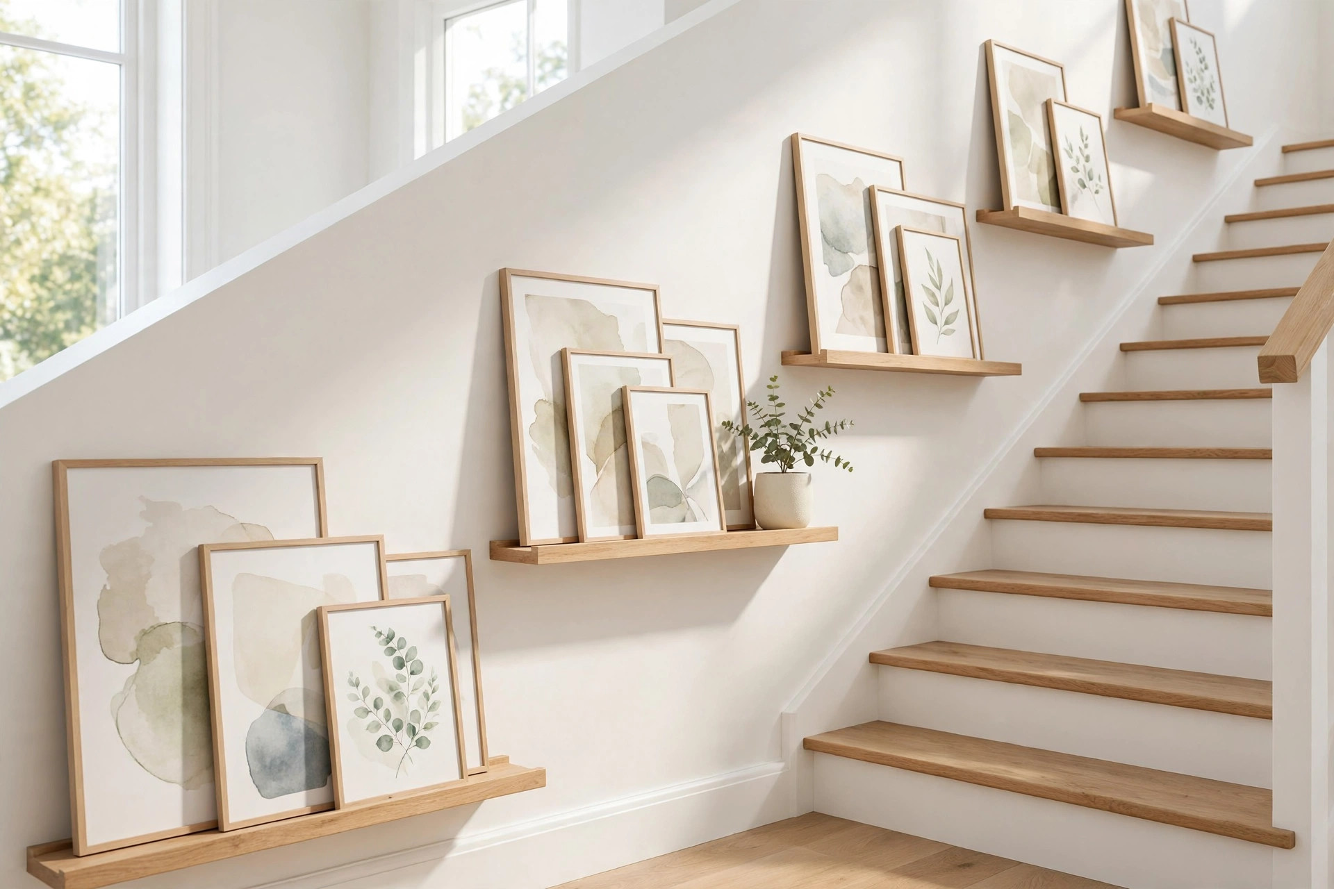 Wooden picture ledges with leaning overlapping frames following a staircase slope