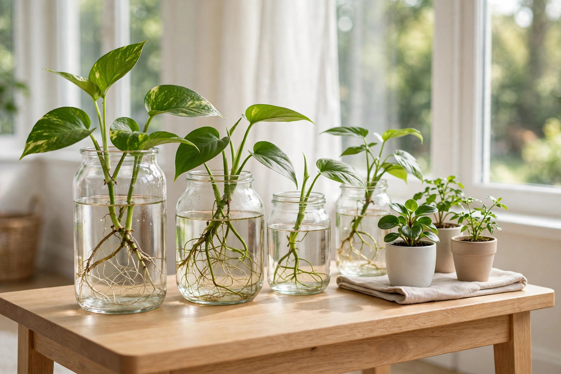 Propagation jars of water with rooted pothos cuttings and small potted young plants on a wooden side table by a sunroom window