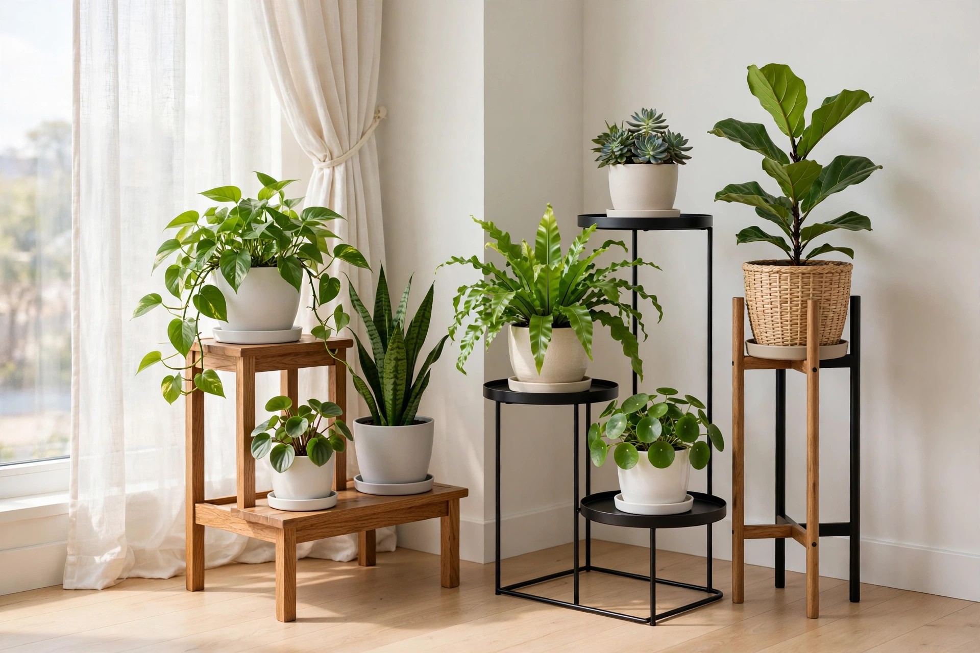 Cluster of wooden and black plant stands at different heights holding healthy houseplants in a bright corner