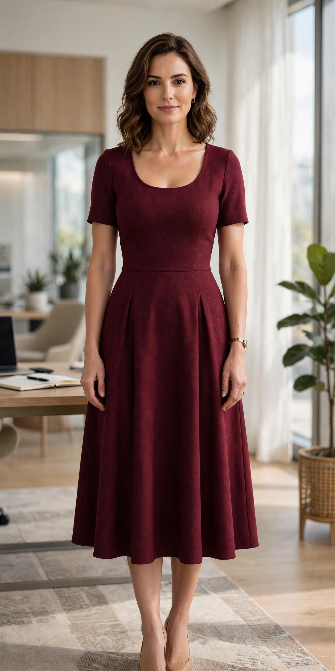 Woman with a large bust wearing a burgundy fit-and-flare midi dress with a scoop neckline and defined waist