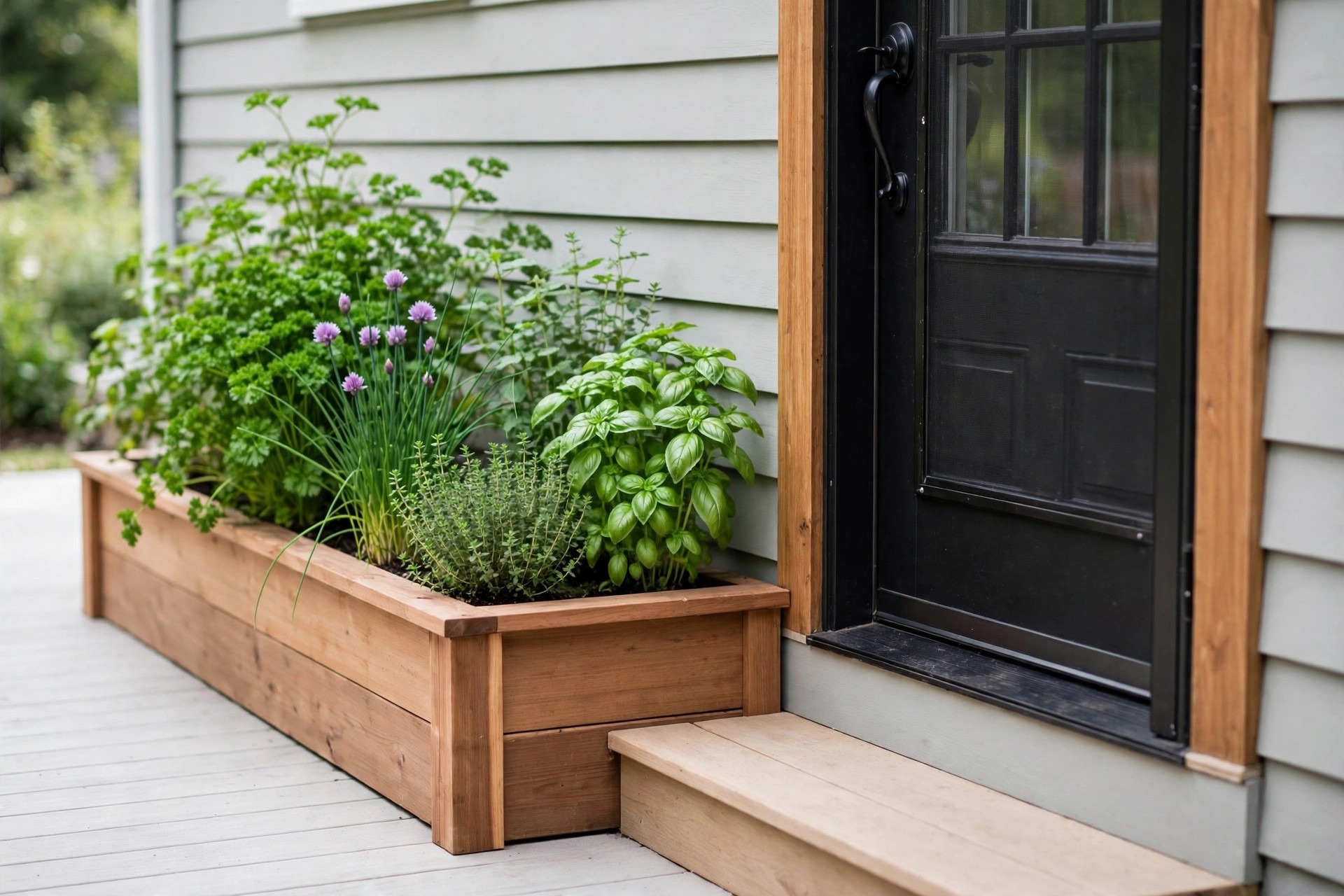 Herb raised bed beside a kitchen back door with parsley, chives, thyme and basil