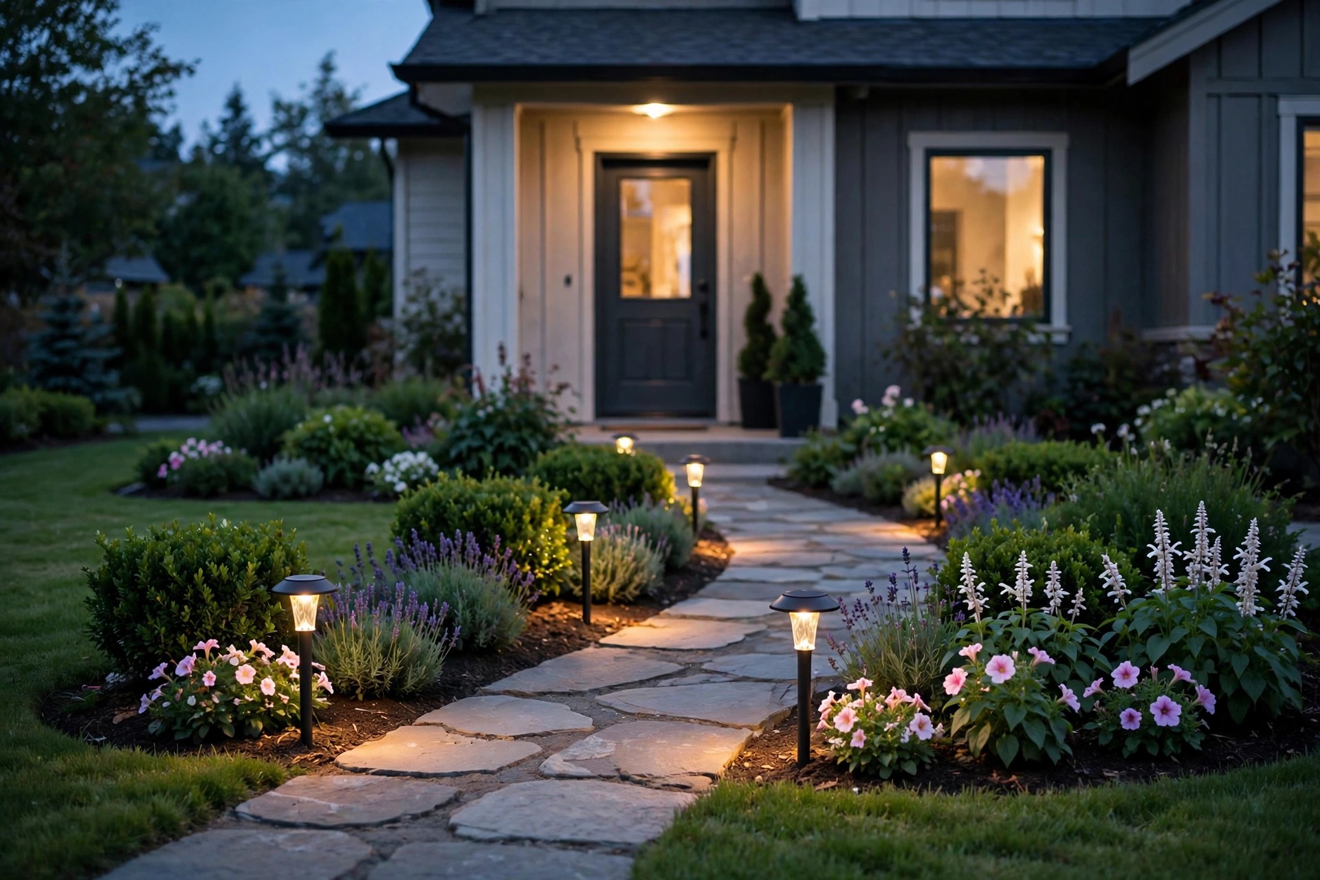 Front yard at dusk with warm solar path lights glowing along a stone path