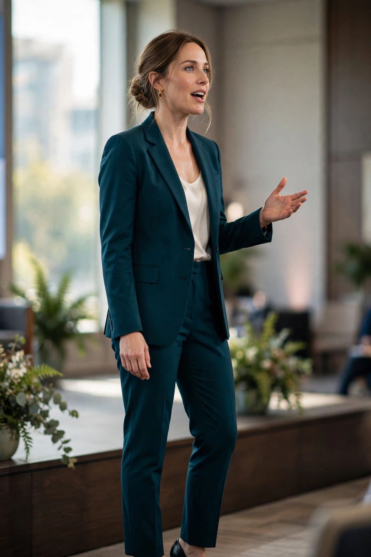 Woman speaking on a conference stage in a deep teal tailored pantsuit — standout office outfit for women leaders