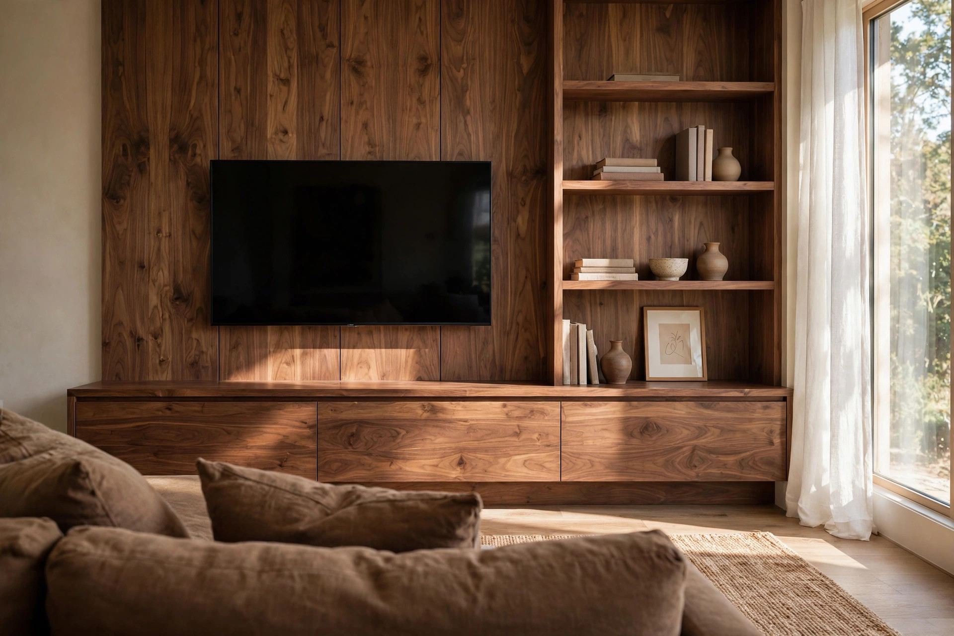 Walnut built-in shelving and low media console in a modern brown living room