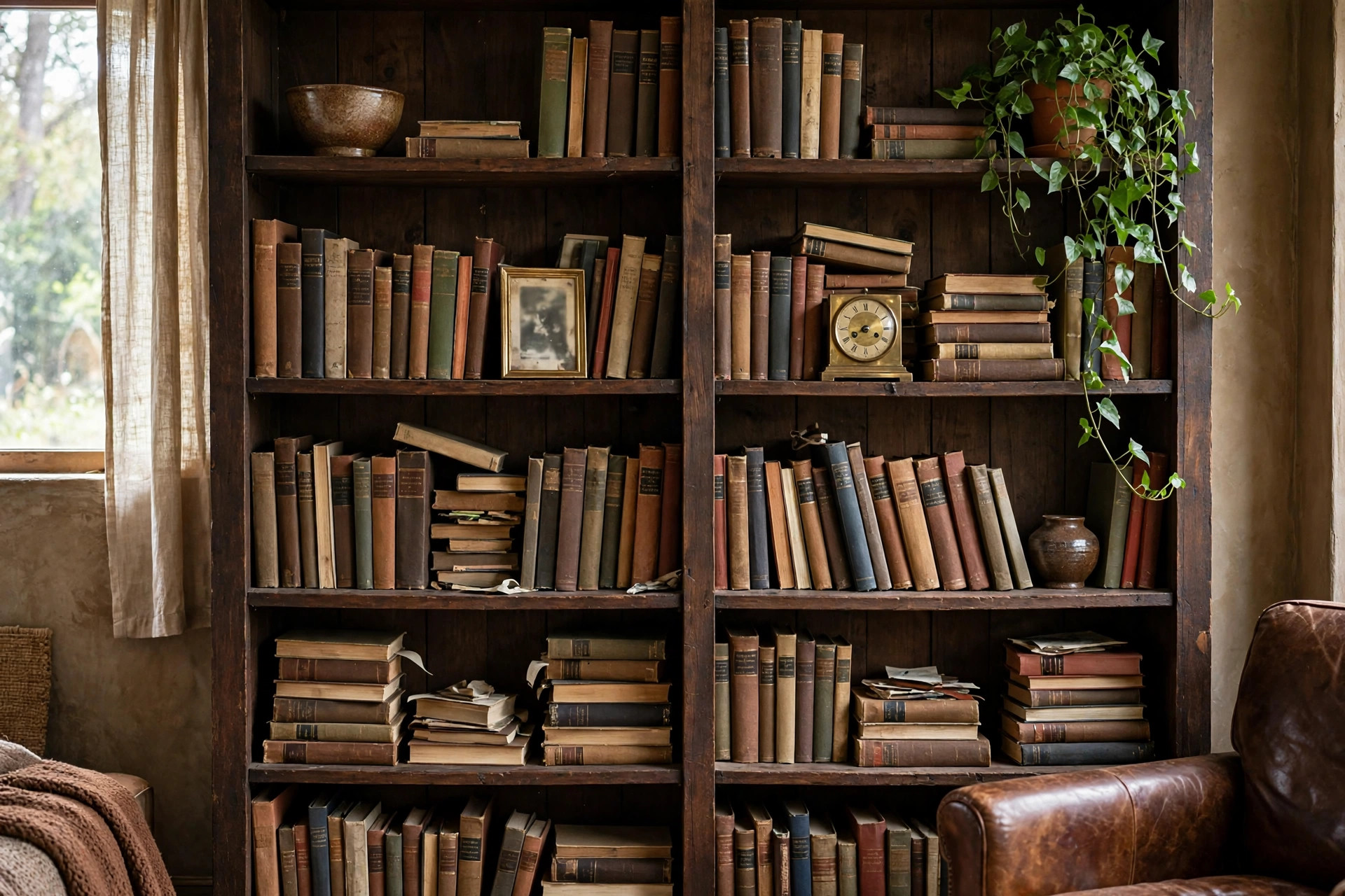 Dark wood bookshelf in an eclectic brown living room styled with stacked books, ceramics, framed photos and collected heirlooms