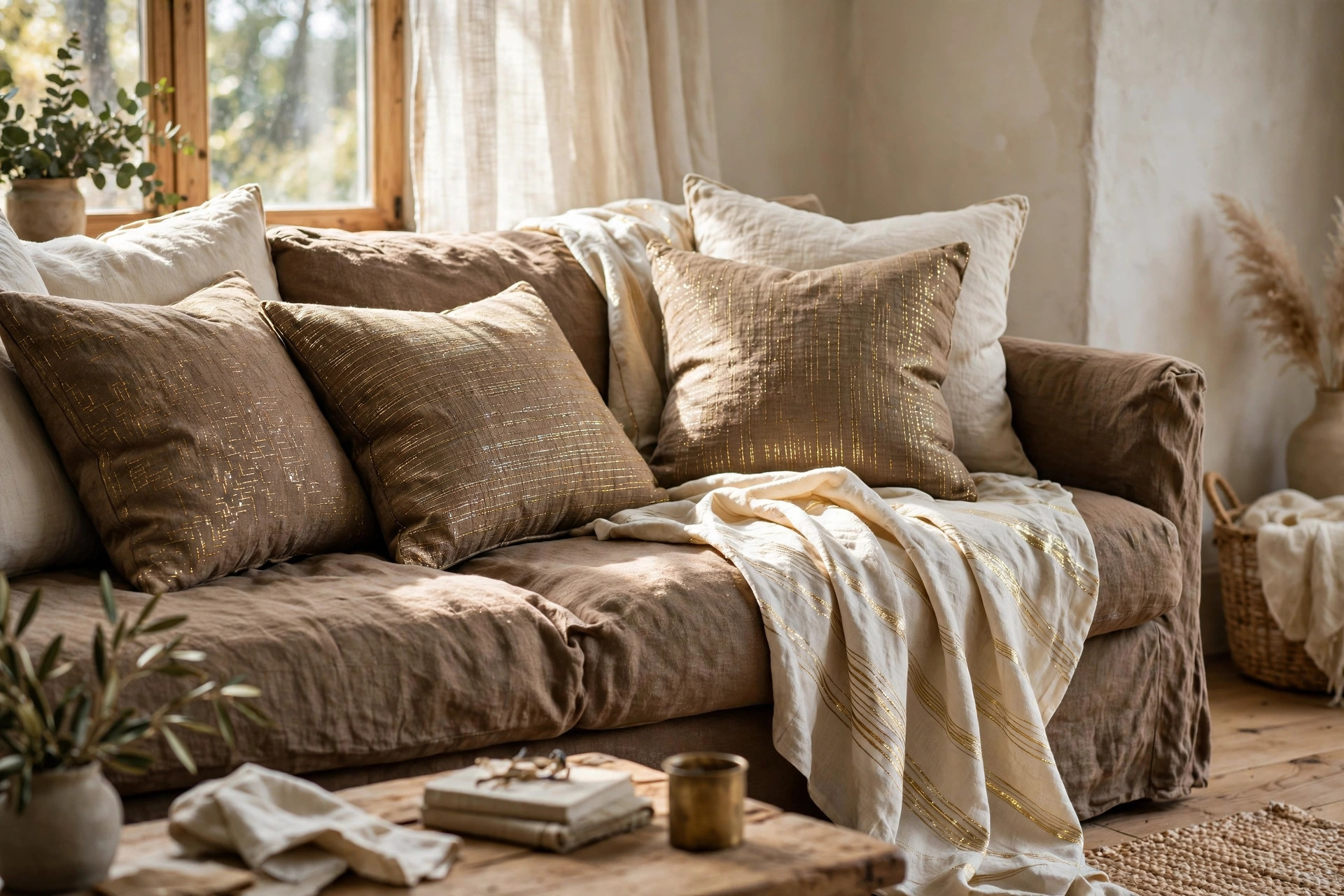 Brown linen sofa with gold-thread cushions and a metallic woven throw