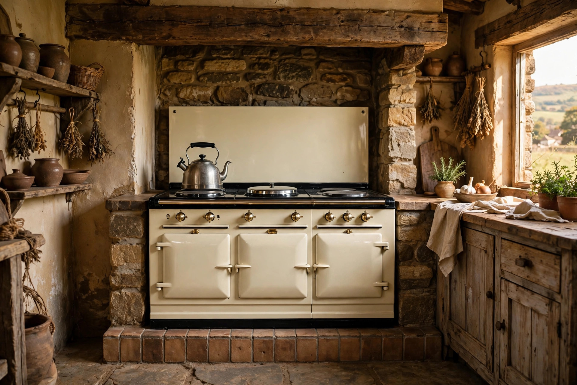 Cream range cooker as the focal point of a village kitchen with a kettle and wooden beam above