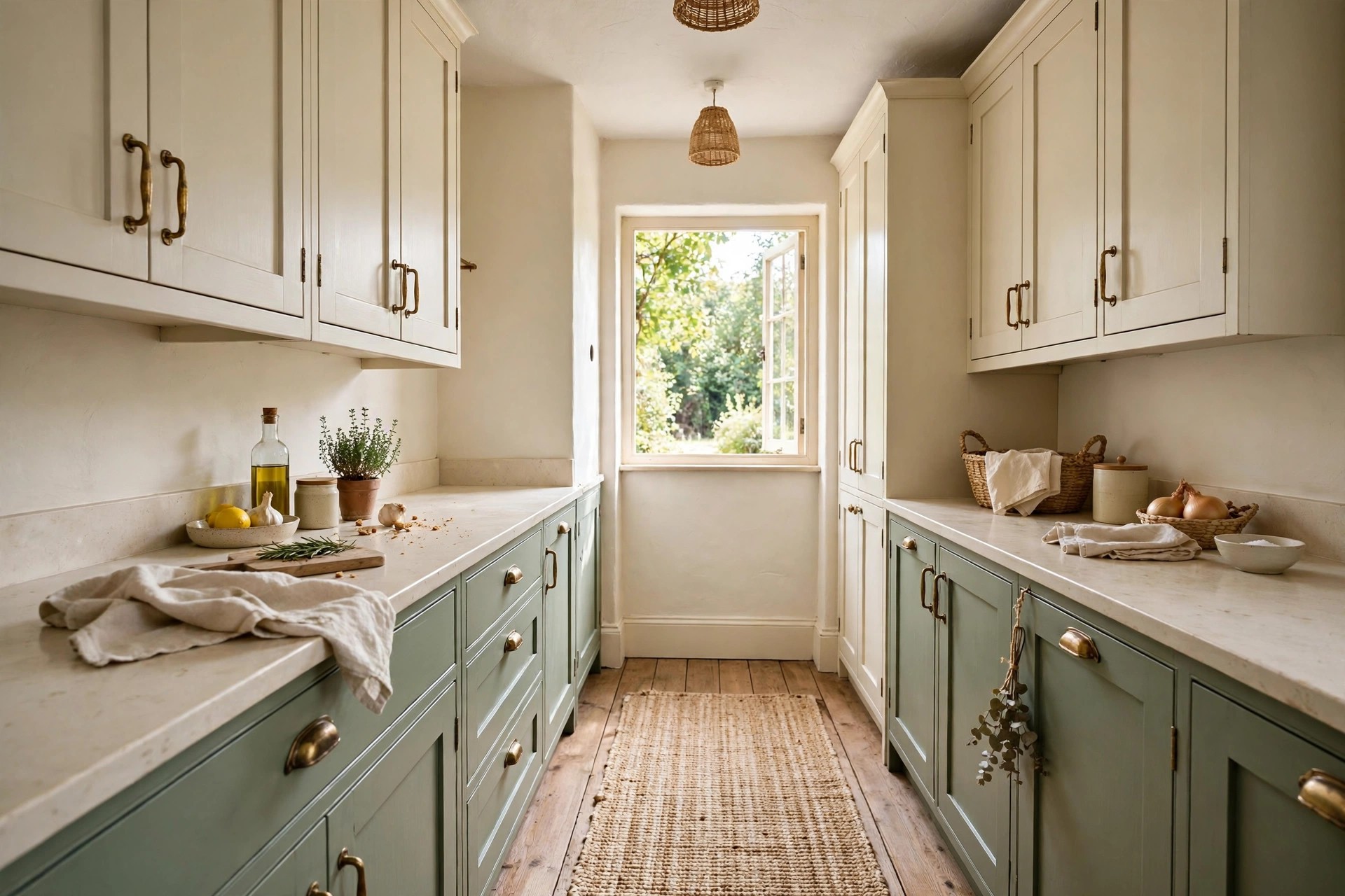 Small galley kitchen with sage green lower cabinets and cream uppers