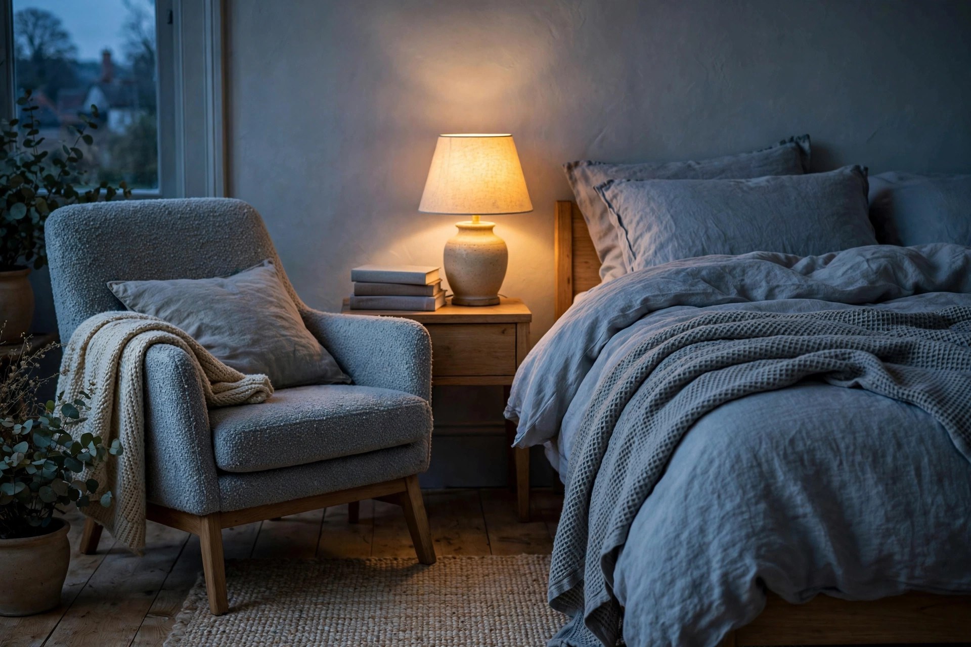 Bedside reading nook in a calm bedroom with a reading chair, warm lamp and a small stack of books
