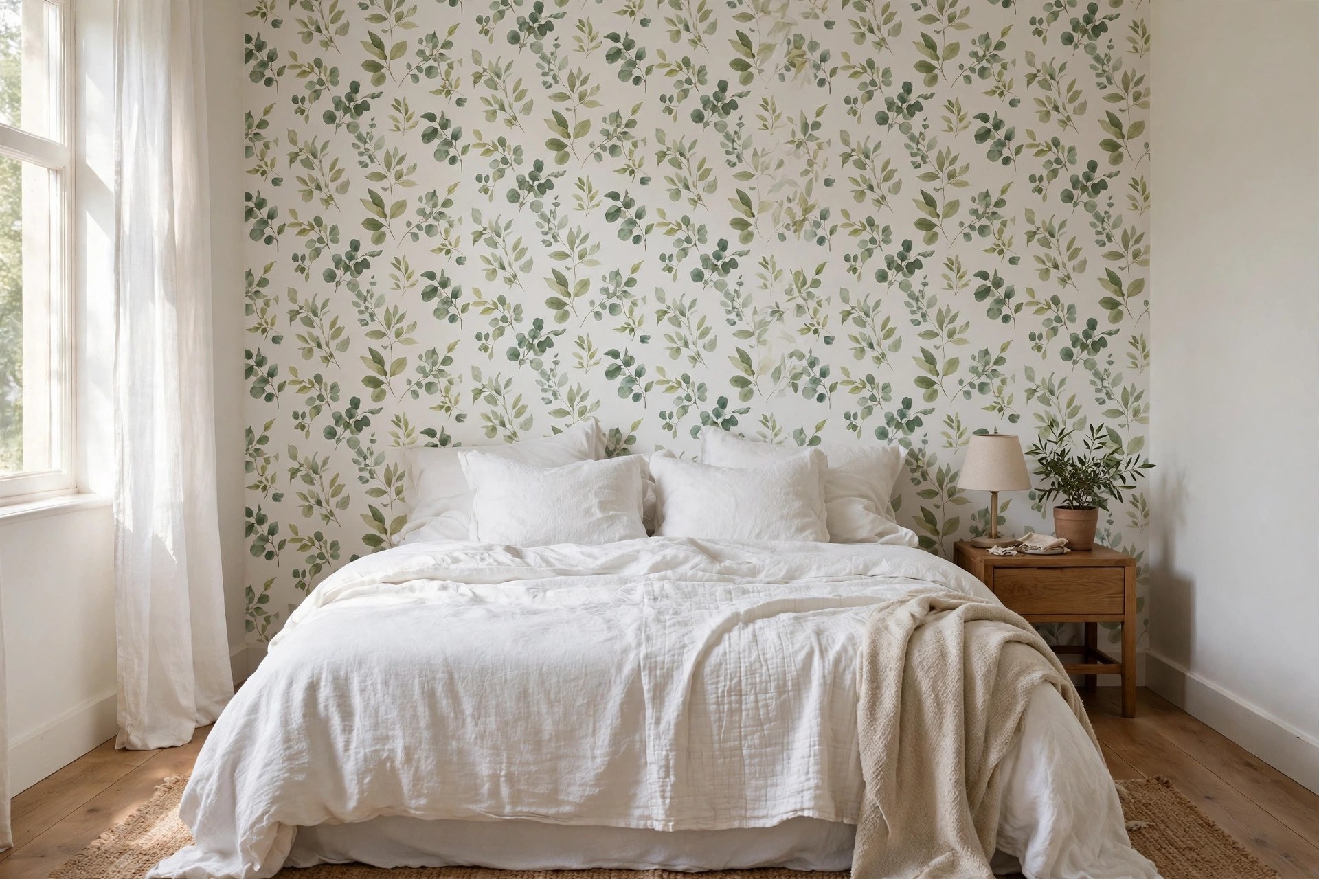 Botanical leaf wallpaper panel wall behind a white bed with no headboard, bedroom wall decor above bed