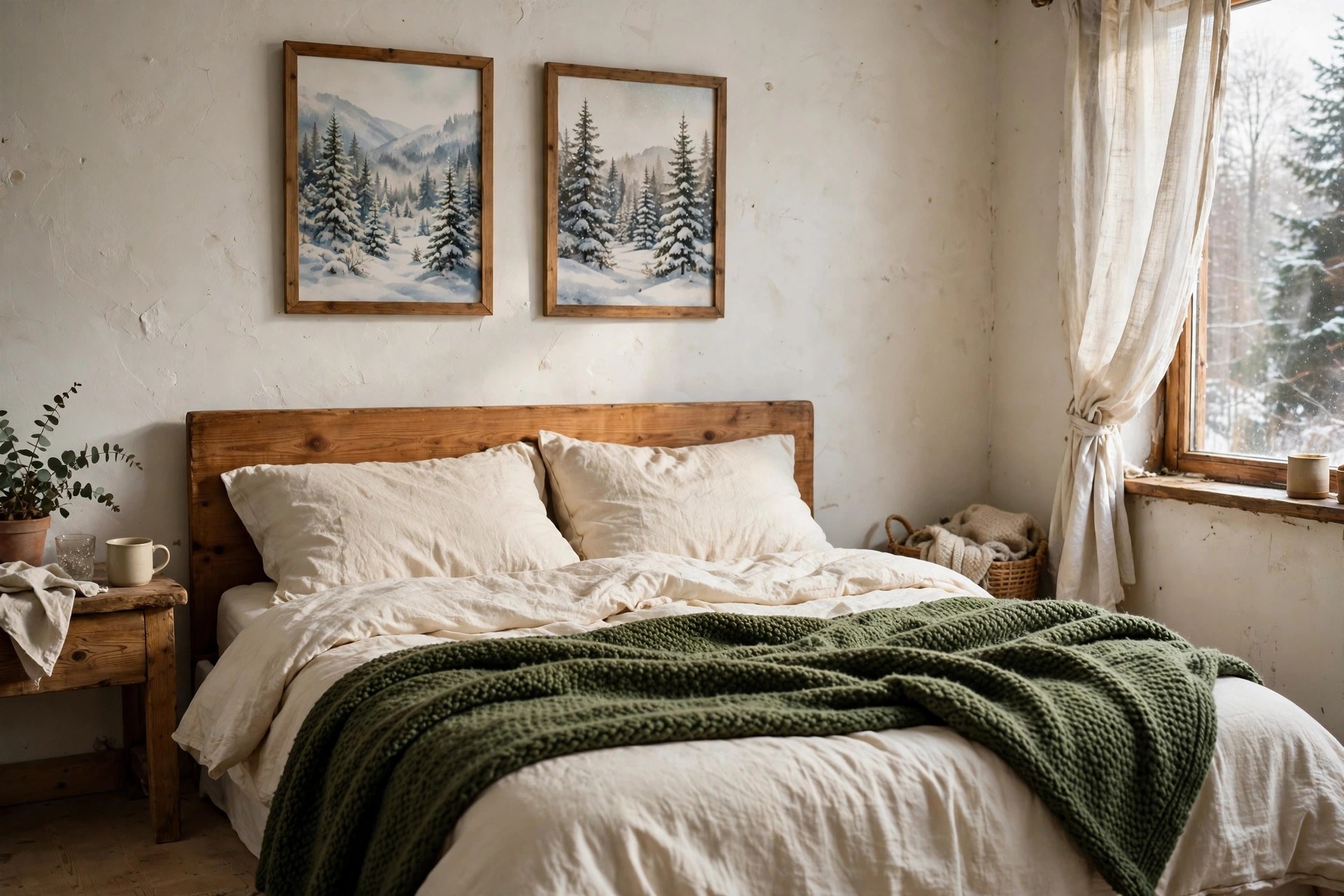 Framed winter landscape prints above a bed in a calm Christmas bedroom