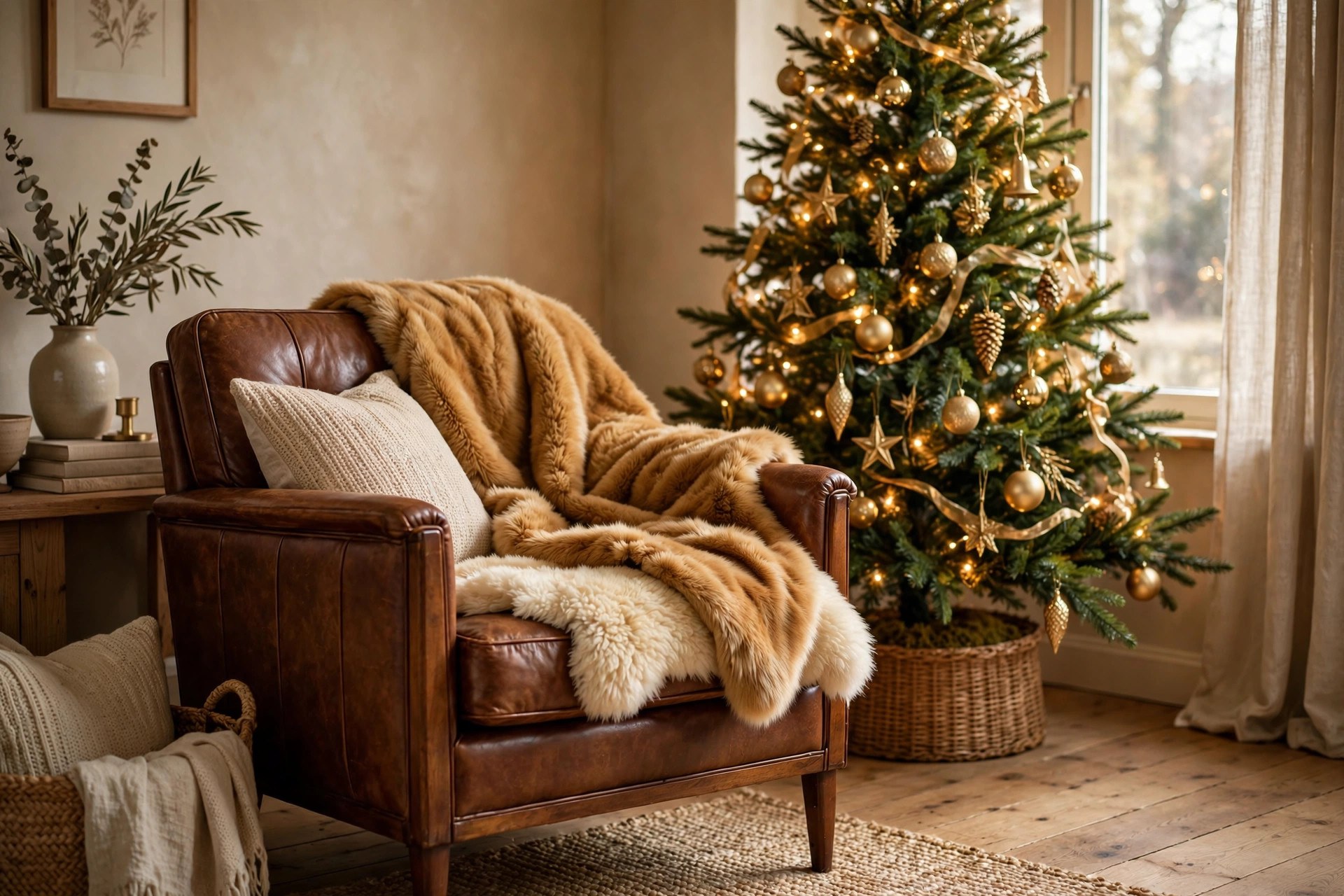Caramel faux fur throw and cream sheepskin draped over a leather armchair beside a Christmas tree