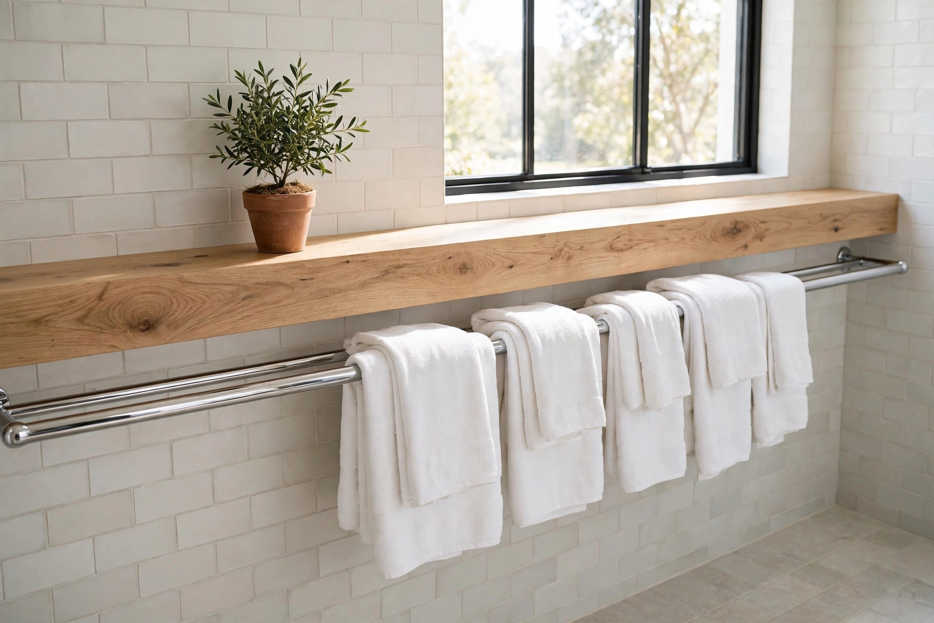 Long wooden shelf and towel rail stretching across a small bathroom wall