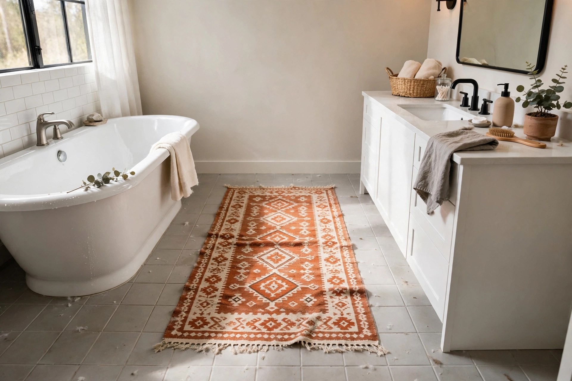 Washable terracotta patterned runner laid over bathroom floor tiles in a renter-friendly bathroom refresh