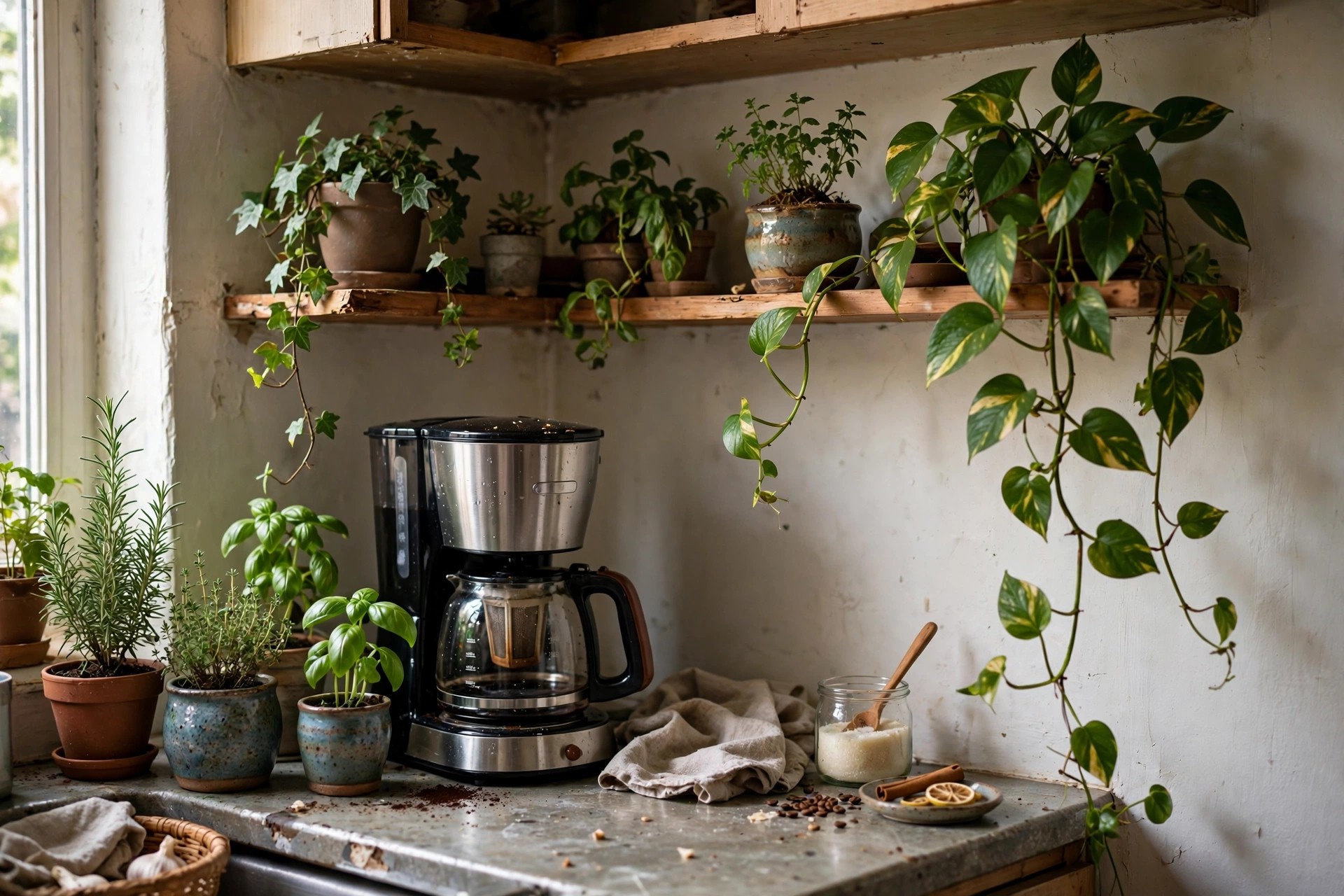 Coffee station surrounded by potted herbs and trailing plants on shelves in a small kitchen corner
