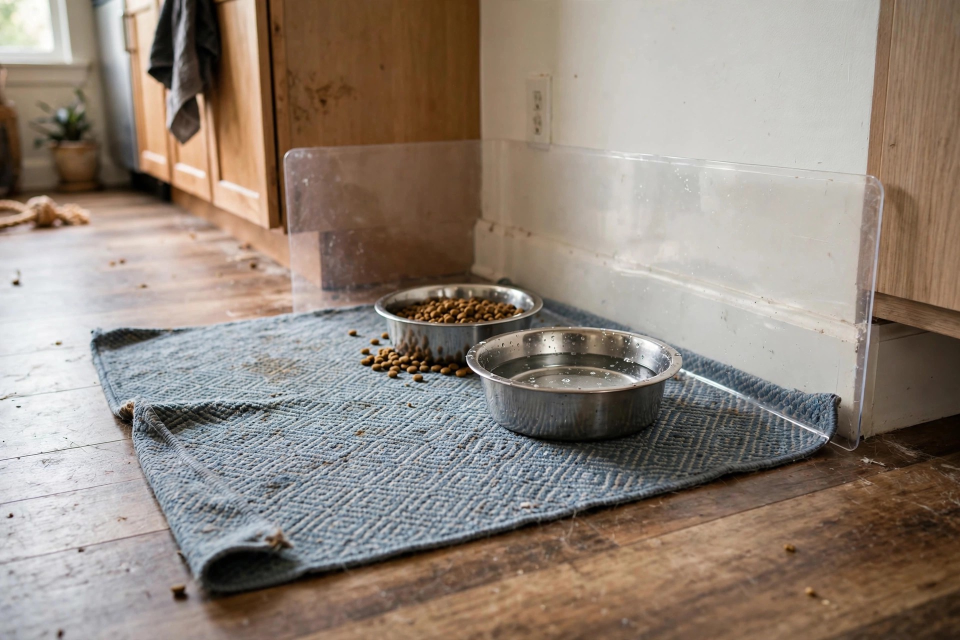 Pet feeding setup with a washable mat and low splash guard protecting the kitchen wall and floor