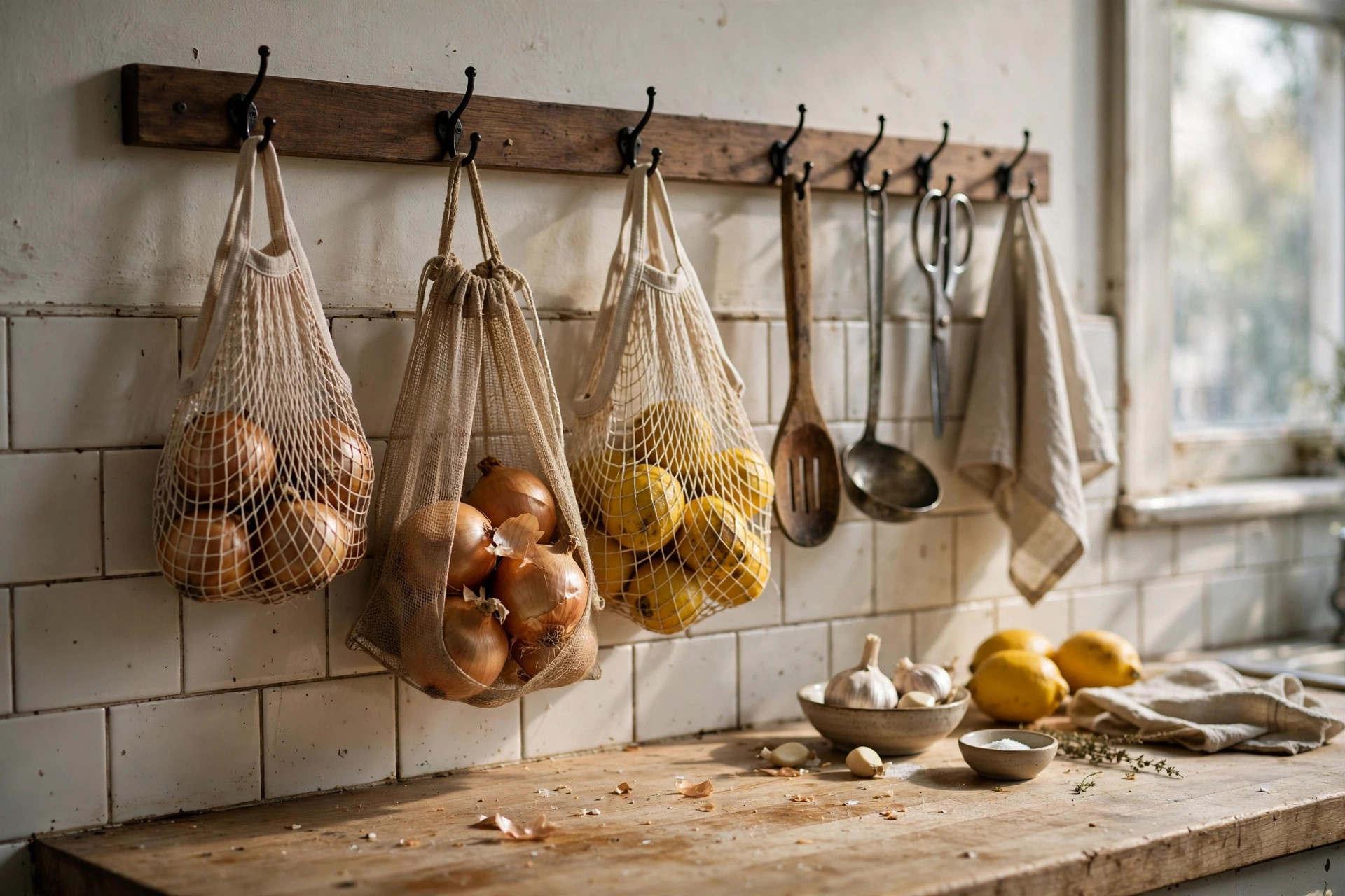 Kitchen rail with hooks holding mesh produce bags and utensils above a counter