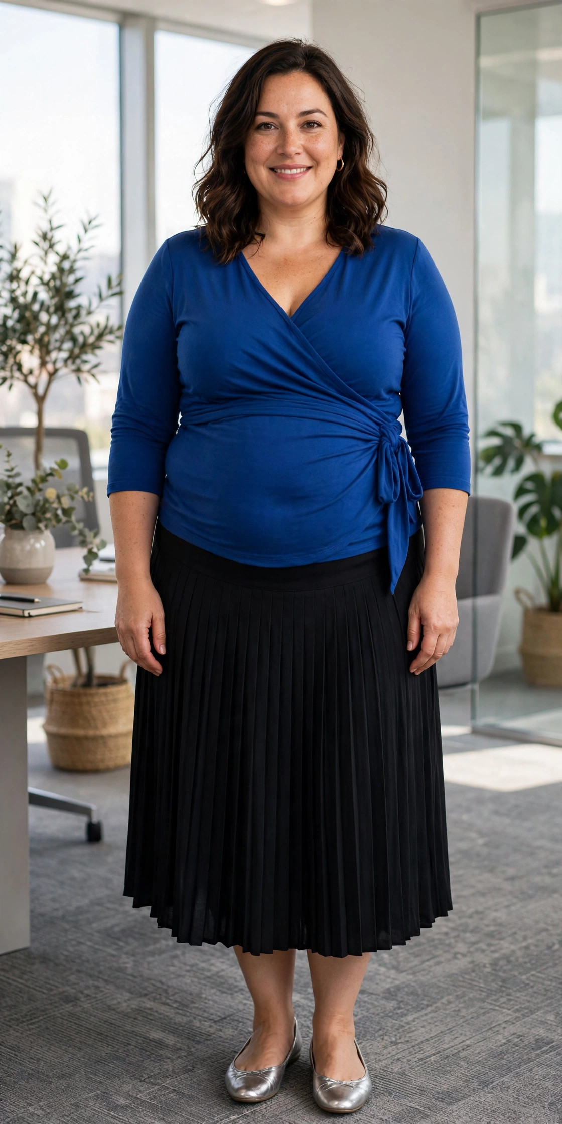Woman wearing a cobalt wrap top with a black pleated midi skirt, a colourful tummy-flattering work outfit