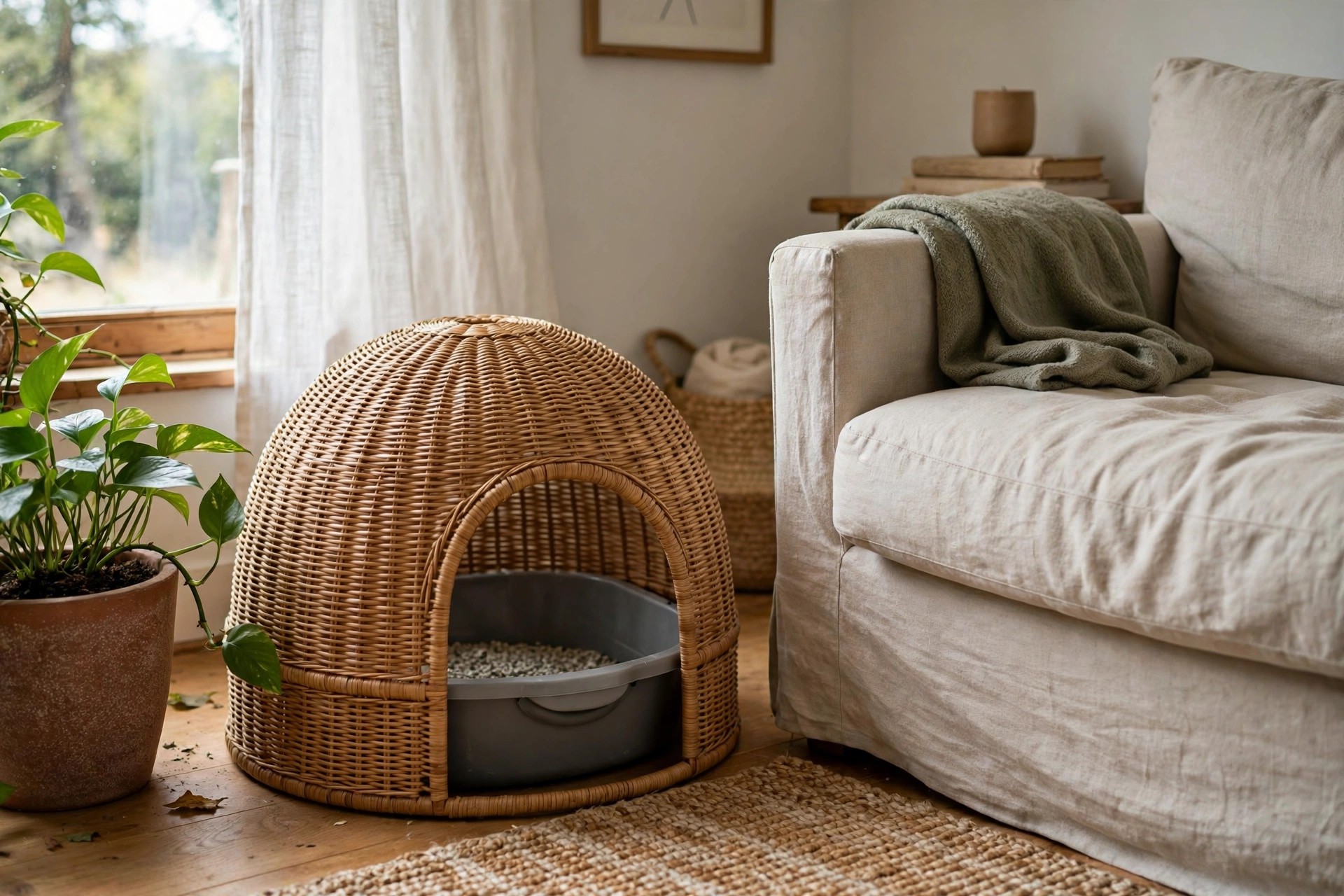 Rattan dome cover over a litter box reading as decor beside a sofa and plant