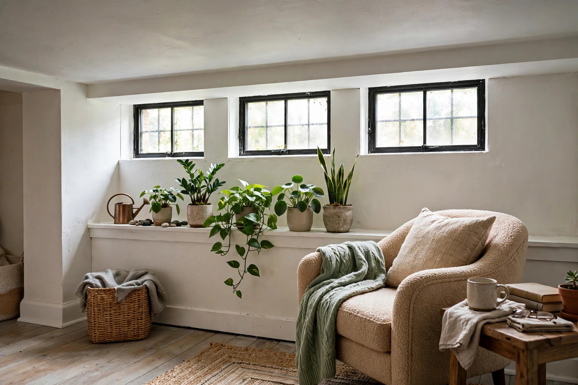 Low-light plants on a deep sill beneath basement window wells beside a reading chair