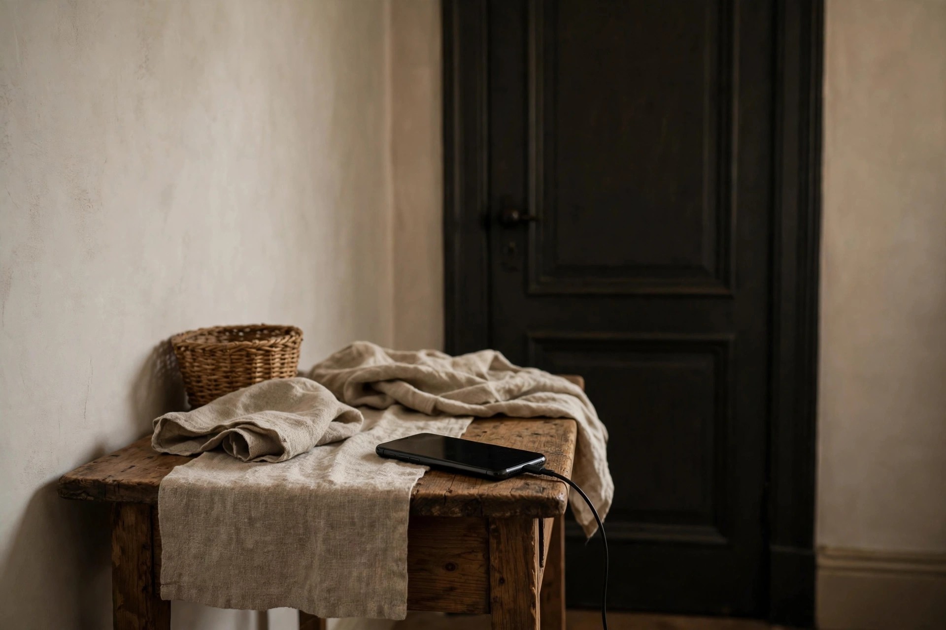 Phone charging on a hallway table outside a dark bedroom kept screen-free