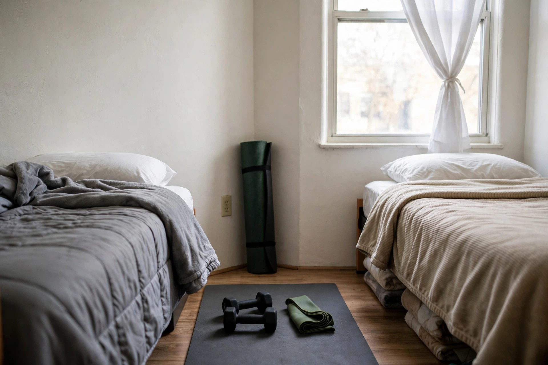 Clear floor corner between two dorm beds with a rolled yoga mat, small dumbbells and a folded resistance band