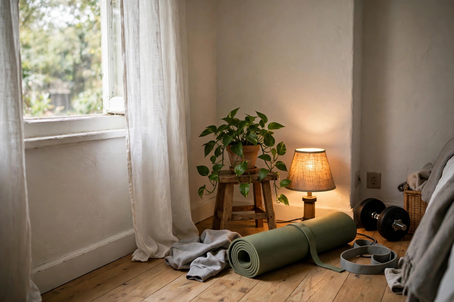 Bedroom gym corner softened with a potted plant and warm lamp light beside a rolled mat