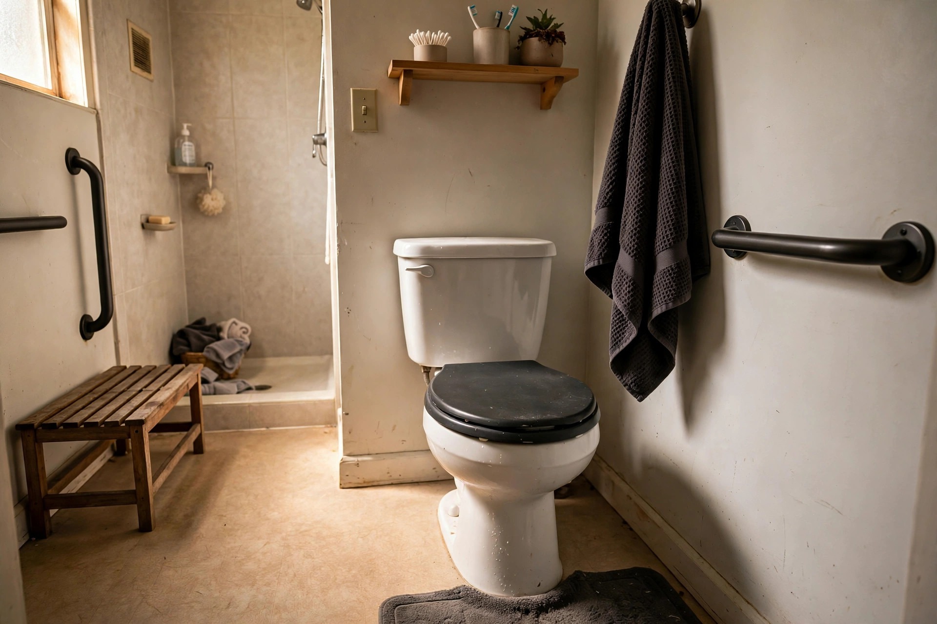 Contrasting dark toilet seat and clearly defined edges in an aging in place bathroom for elderly parents
