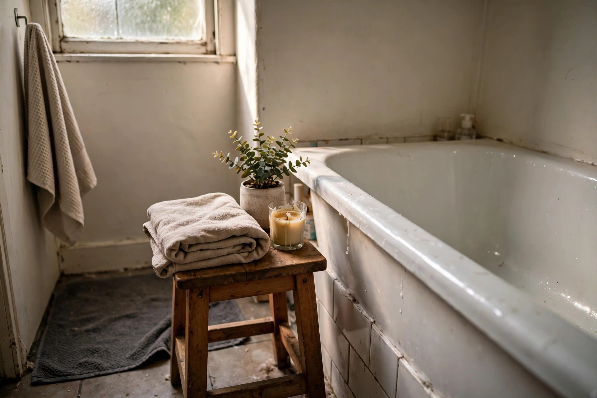 Small wooden stool with a folded towel, plant and candle beside a bath in a renter friendly bathroom idea with no drilling