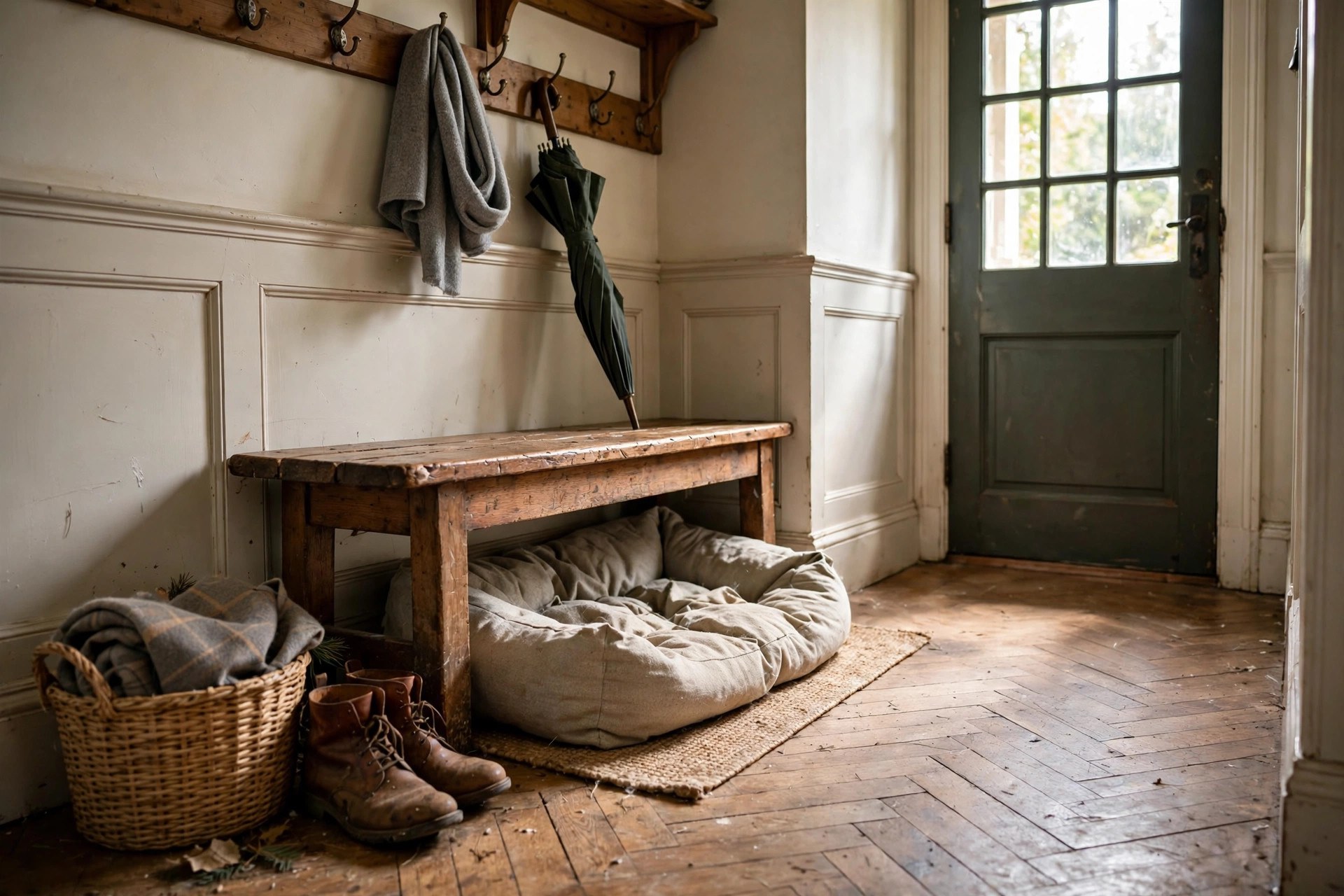 Washable dog bed tucked under an entryway bench in a cosy entryway idea for dog owners
